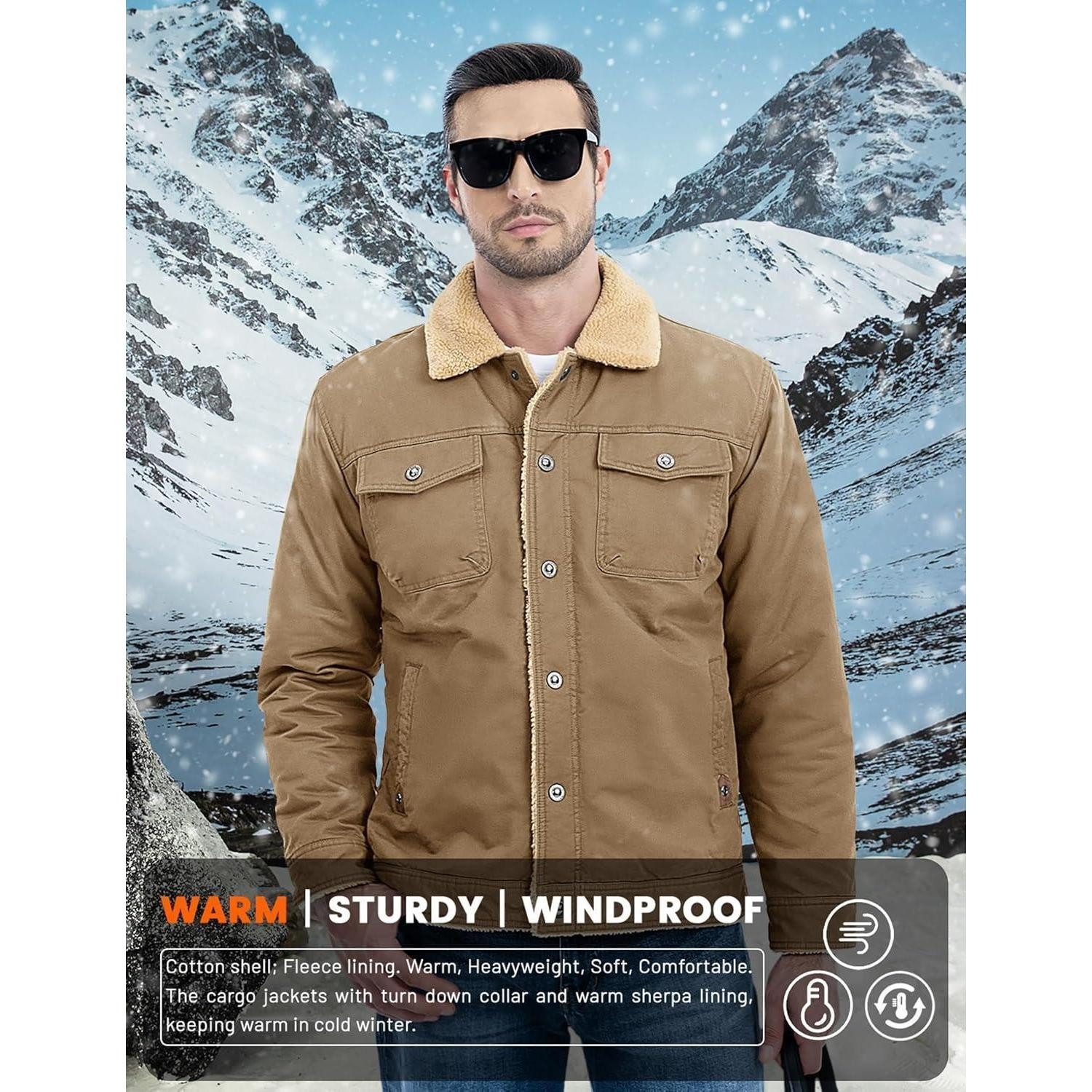 LuxusKollektion Winterjacke Winterjacke Herren Fleece Cargo Militär Stehkragen Taschen M Khaki – Bild 3 von 5