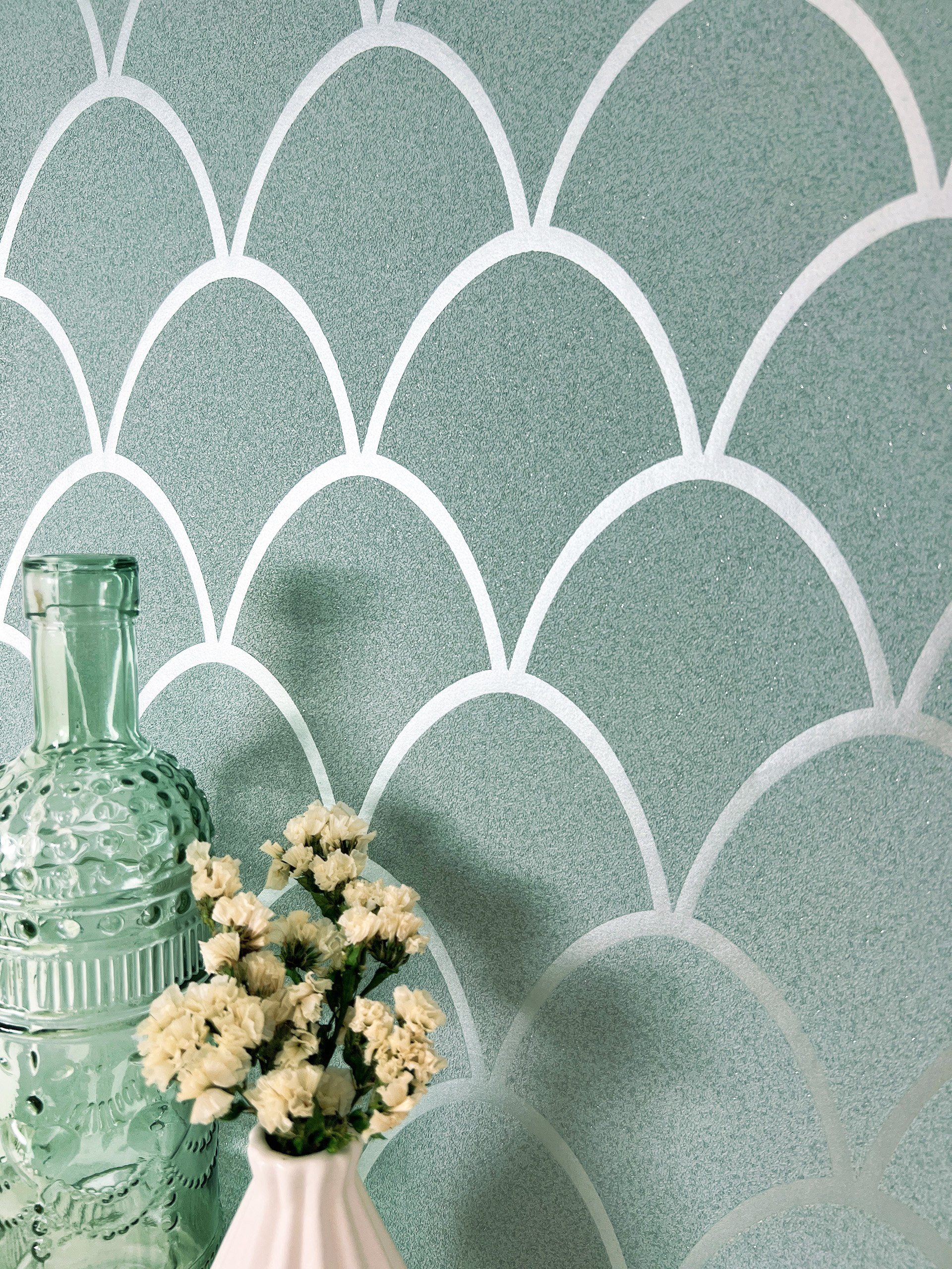 Newroom Vliestapete, Grau Tapete Modern Fischschuppen - Retro Metallic Grün günstig online kaufen
