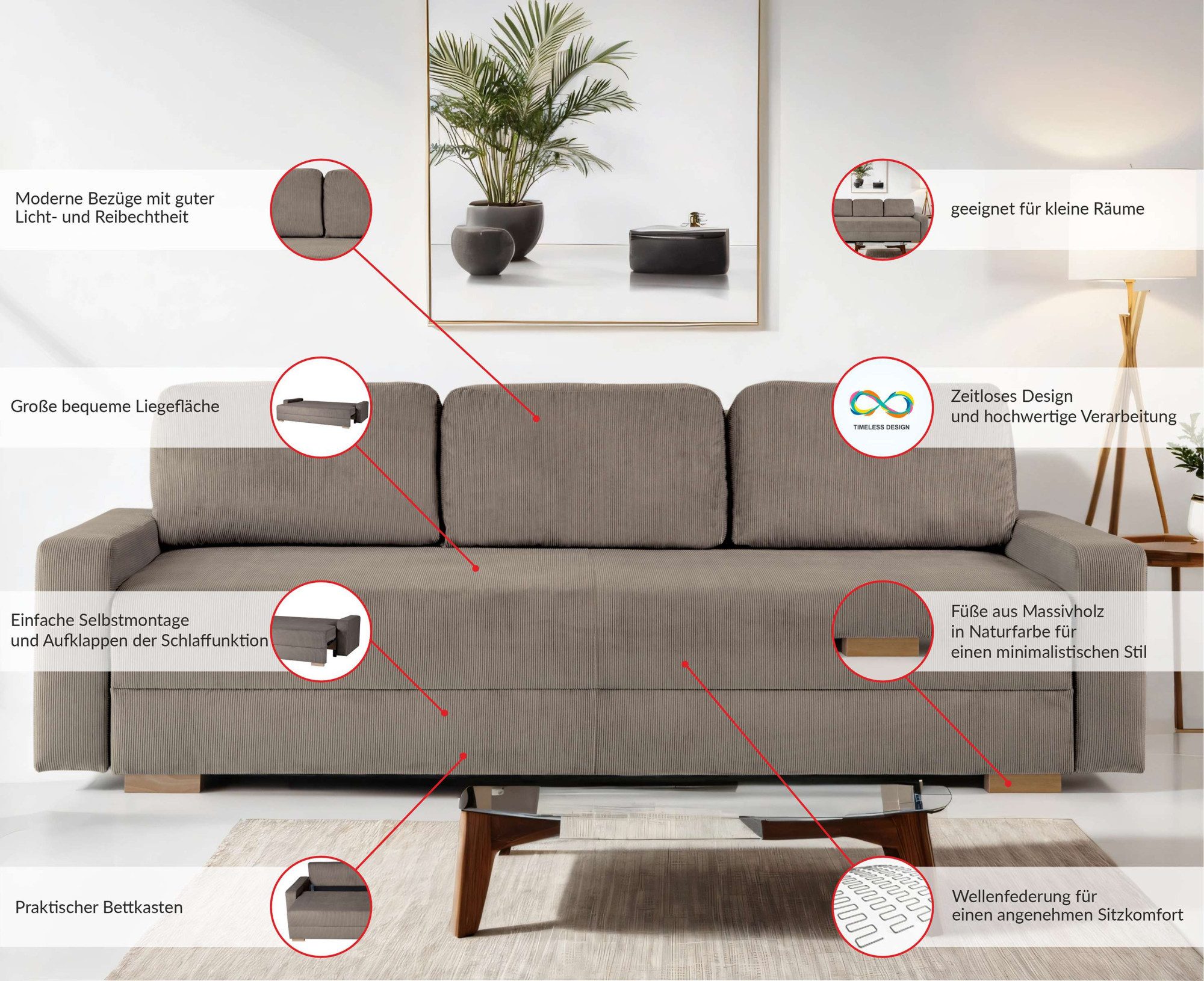 Home affaire 3-Sitzer SHERIDIAN Schlafsofa mit Bettkasten, in Feincord & Velvet, mit Wellenunterfederung, moderne Bezüge, B/H/T 225/94/80 – Bild 3 von 5