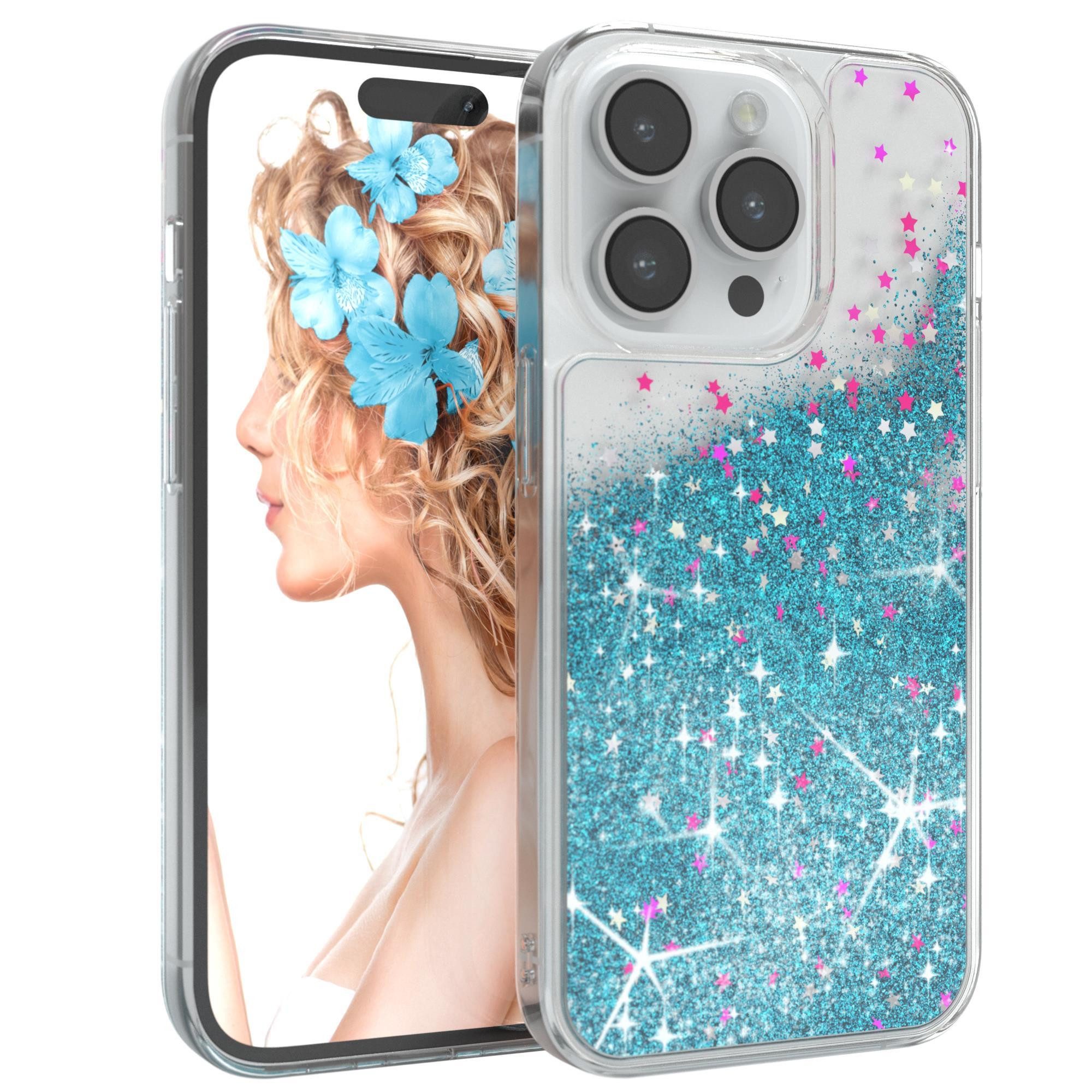 EAZY CASE Handyhülle Liquid Glittery Case für Apple iPhone 14 Pro 6,1 Zoll, Gloss Slimcover Girly Backcover Bling Phone Case kratzfeste Cover Blau