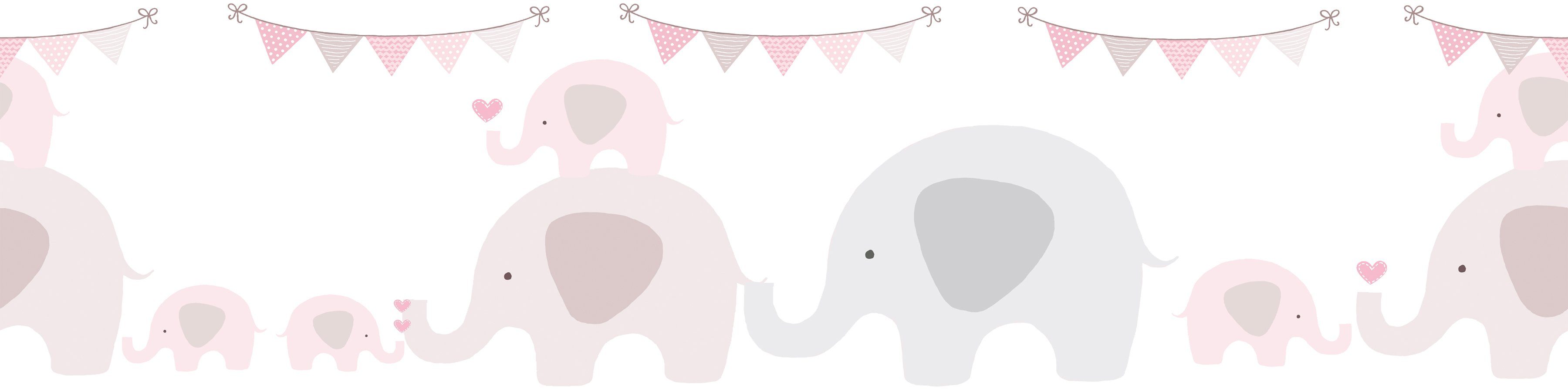 Kinderzimmer A.S. Elephant Party, Grau Bordüre glatt, Weiß Tapete Création Rosa