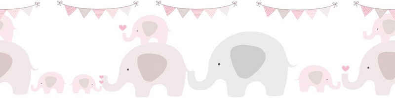 A.S. Création Bordüre Elephant Party, glatt, Tapete Kinderzimmer Rosa Grau Weiß