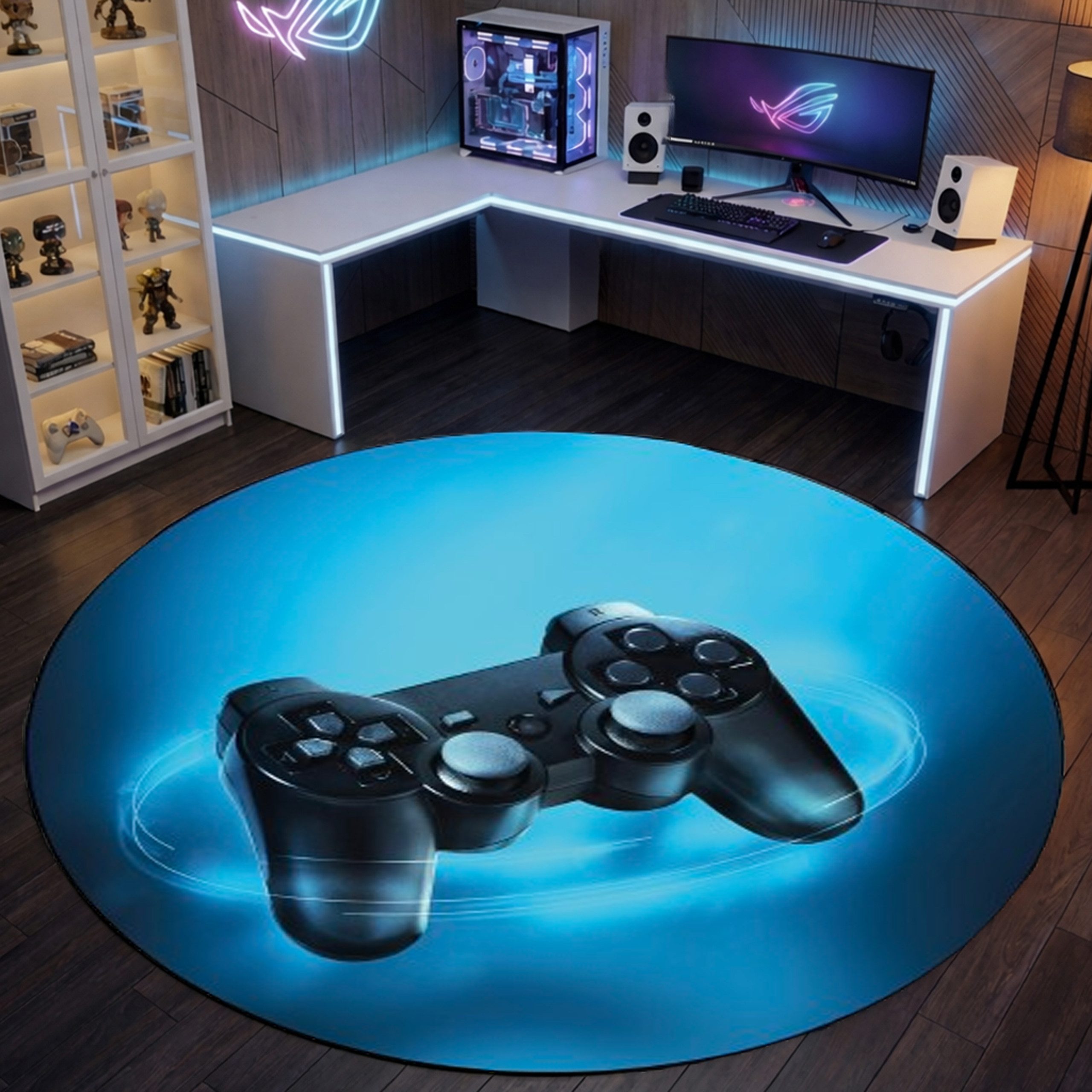 TeppichHome24 Teppich Gaming Teppich mit neonfarbigen Symbolen, rechteckig, pflegeleicht, gleichmäßige Oberfläche, für Fußbodenheizung geeignet