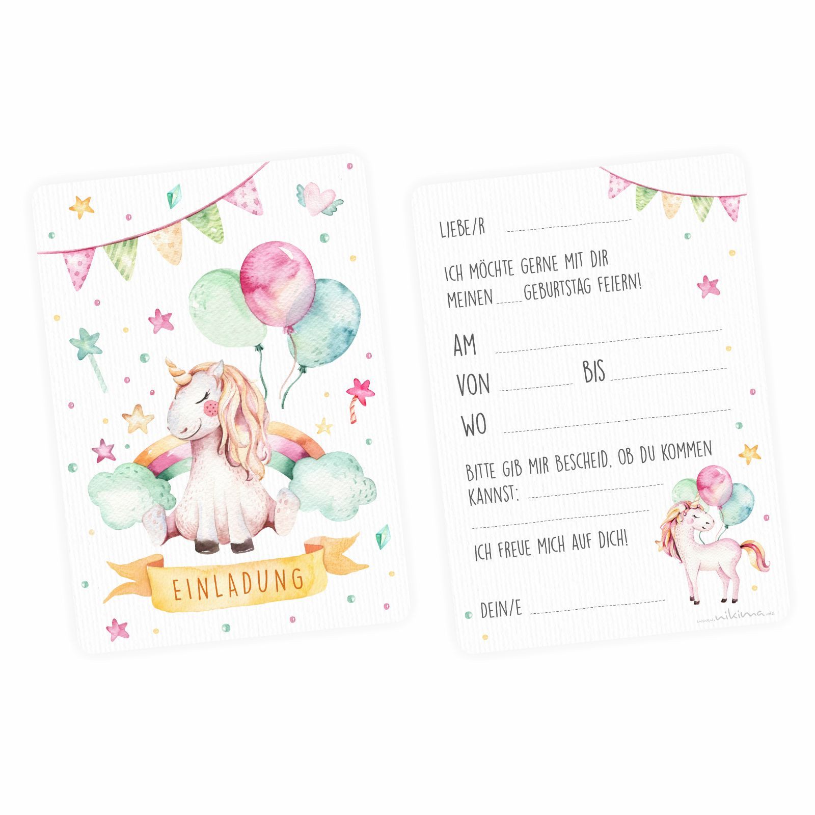 nikima Einladungskarten 10 Einladungskarten Einhorn mit Glitzer für Kindergeburtstag