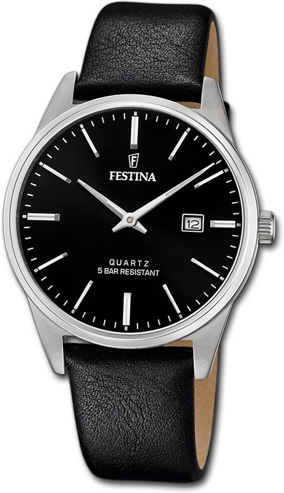 Festina Quarzuhr Festina Leder Elegant Herren Uhr, Herrenuhr Lederarmband  schwarz, rund, mittel (ca. 39mm)