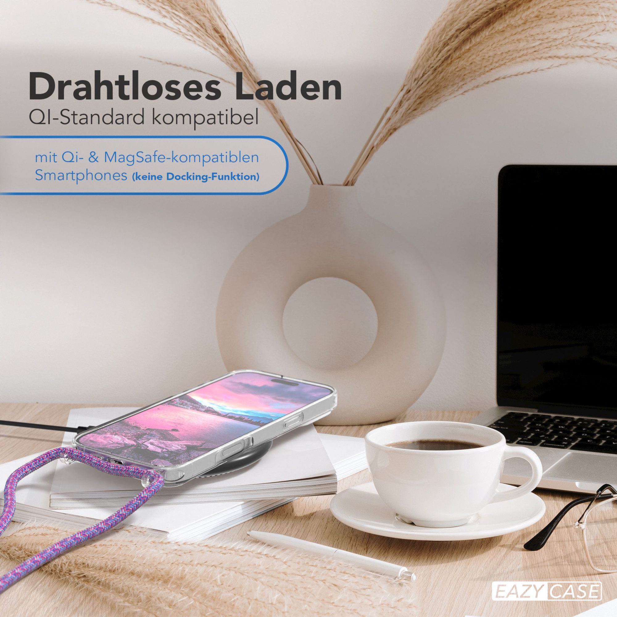 EAZY CASE Handykette Hülle mit Kette für Apple iPhone 16 Pro Max 6,9 Zoll, Umhängetasche für Handy Silikonhülle Handyhülle durchsichtig Violett