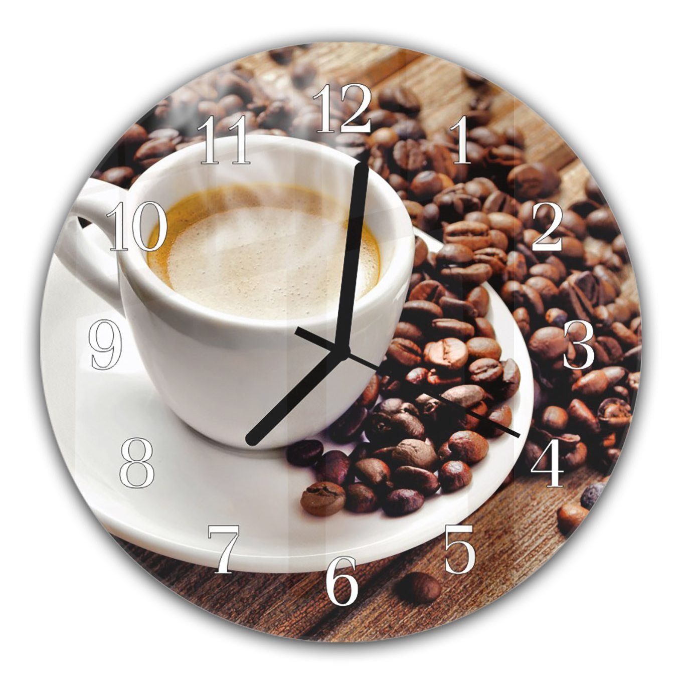 Primedeco Wanduhr Wanduhr aus Glas mit Motiv Tasse Kaffee mit Kaffeebohnen  - Rund mit Durchmesser 30 cm und Quarzuhrwerk