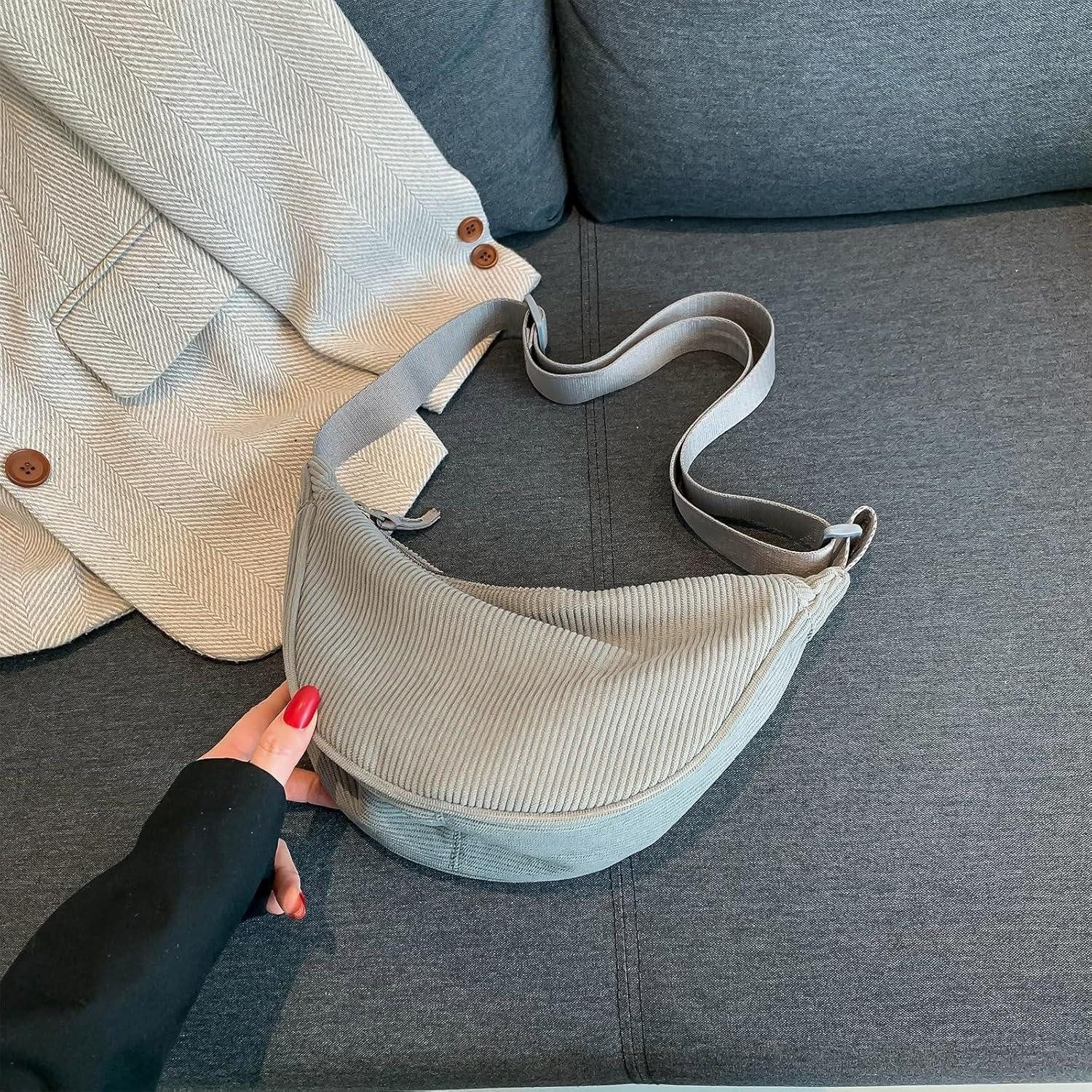 LuxusKollektion Hobo Umhängetasche Halbmond Cord Damen Schultergurt A-grau günstig online kaufen