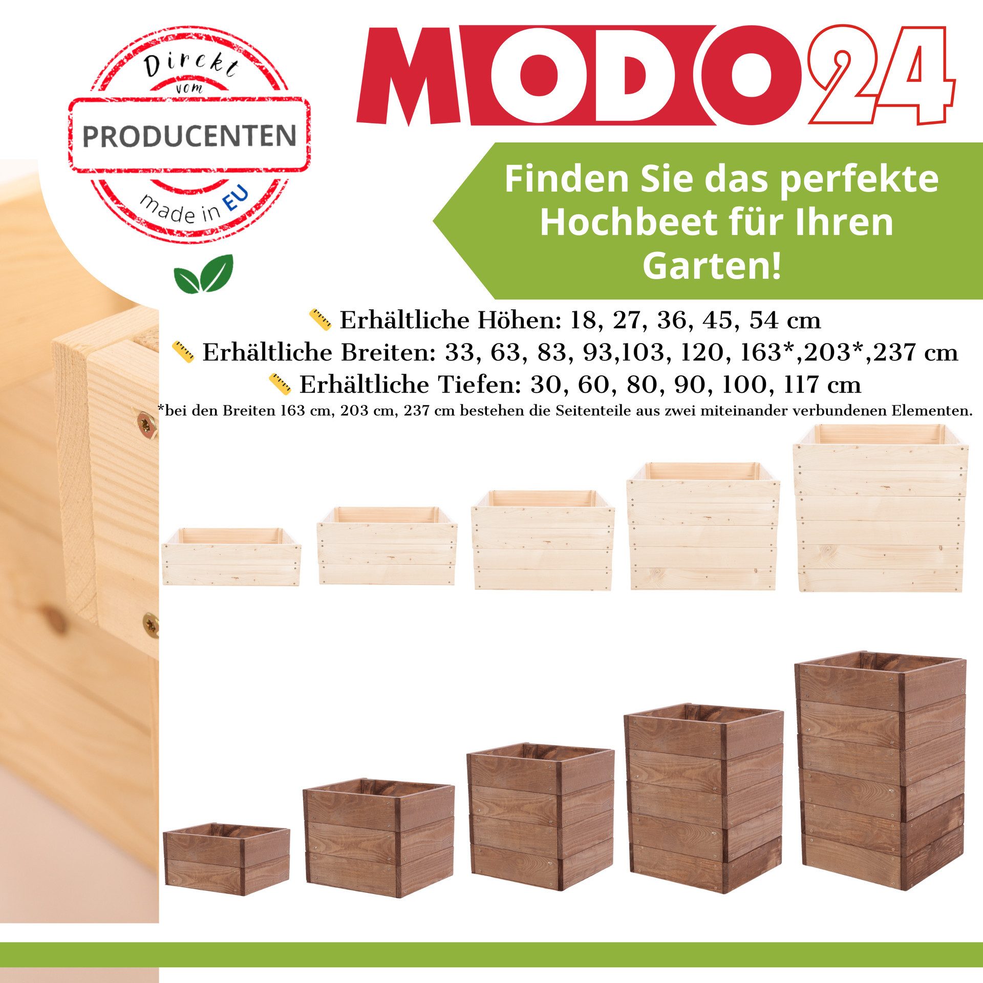 Modo24 Hochbeet ZP06, Kräuterbeet, Gartenbeet, Pflanzkasten, Blumenbeet, Gemüsegarten, für Garten und Terrasse, Kiefernholz Massivholz, viele Größen 3 Farben