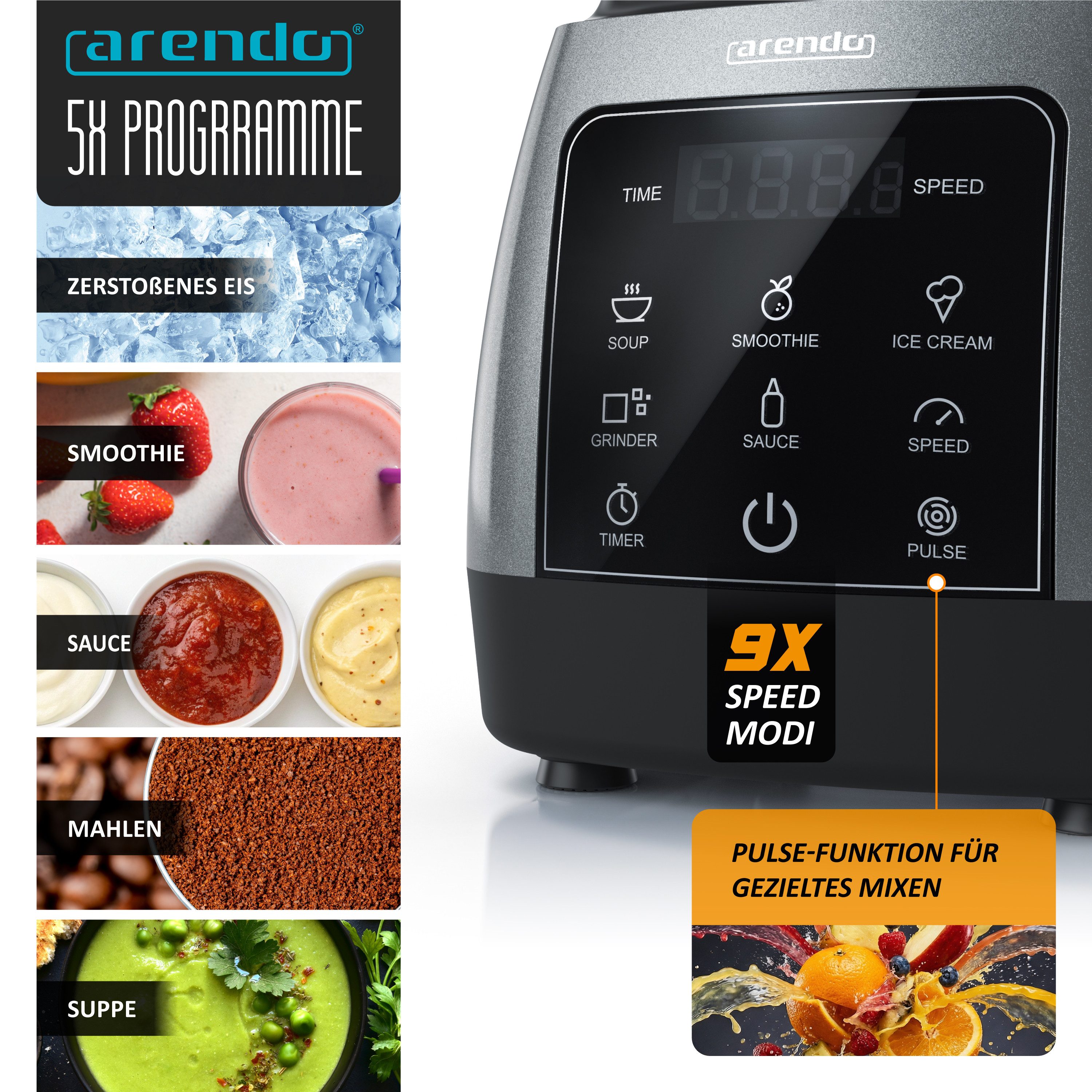 Arendo Standmixer Hochleistungsmixer 2000W, Touchpanel, max. 24.000 U/min, 2L Behälter, 2000 W, Mixer mit Pulsfunktion, 5 Programme, Timer, Mixer mit Display