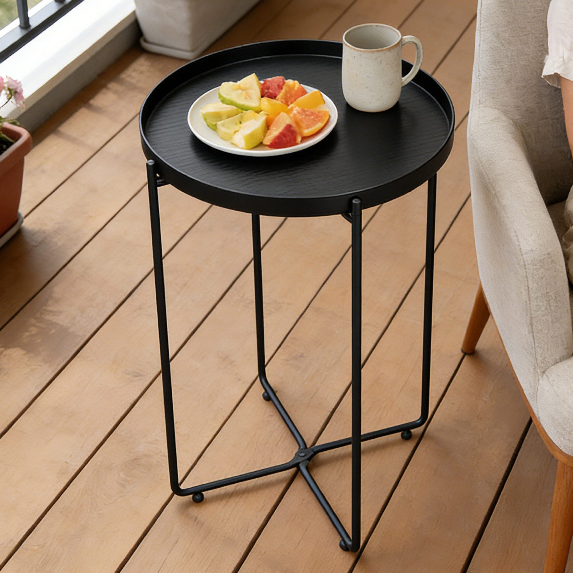 doporro Beistelltisch Couchtisch kleiner Tisch mit 1/2 geflochtenen Ablagen rund Reglo-08, Zwei Materialien zur Auswahl