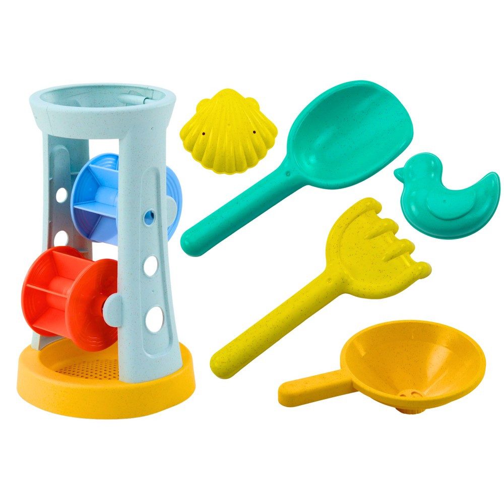LEAN TOYS Rechen Sandspielzeug Strandspielzeug Sandkastenharke, (Spar-Set, 6-tlg., 6-teilig, wasserbeständig), Sandmühle mit Sieb & Trichter, 6-teilig, EN 71