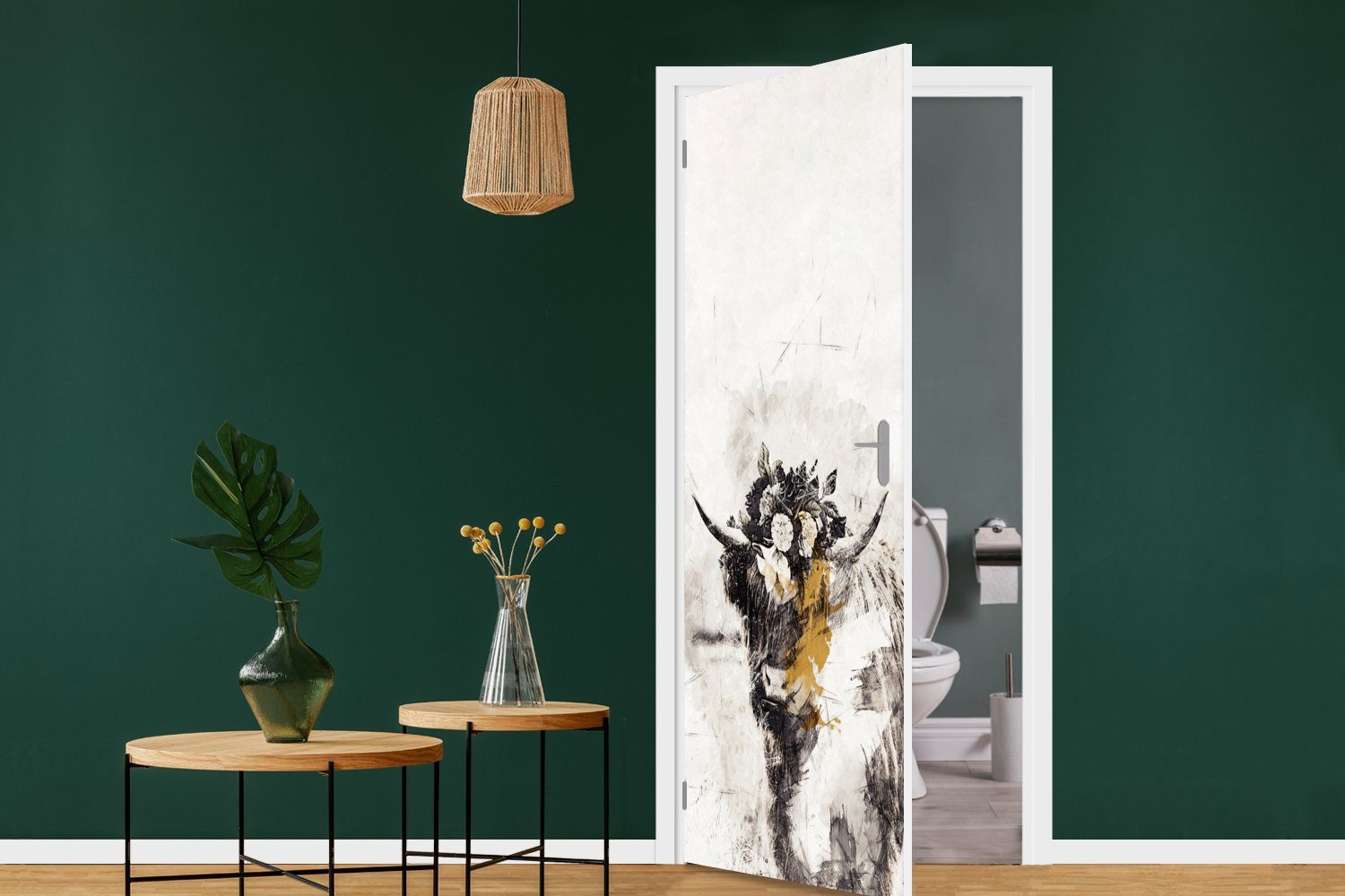 Farbe Tür, St), Türtapete bedruckt, MuchoWow Highlander - Matt, (1 Schottischer - Türaufkleber, für 75x205 cm Blumen, Fototapete