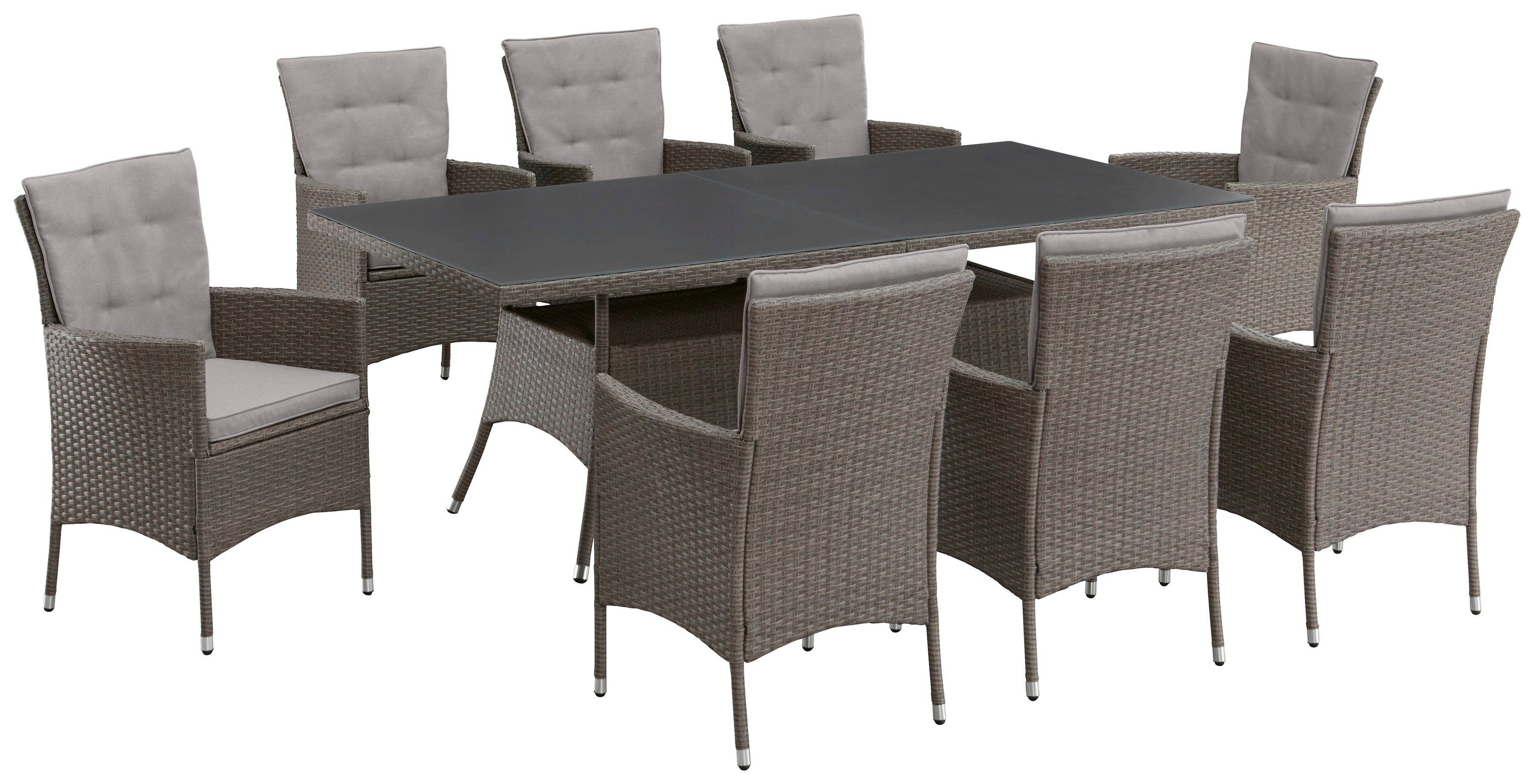 KONIFERA Garten-Essgruppe Mailand, (Set, 25-tlg., 8x Sessel, 8x Sitzauflage, 8x Rückenauflage, 1x Tisch), Polyrattan, verzinkter Stahl, Ablagefläche unter der Tischplatte