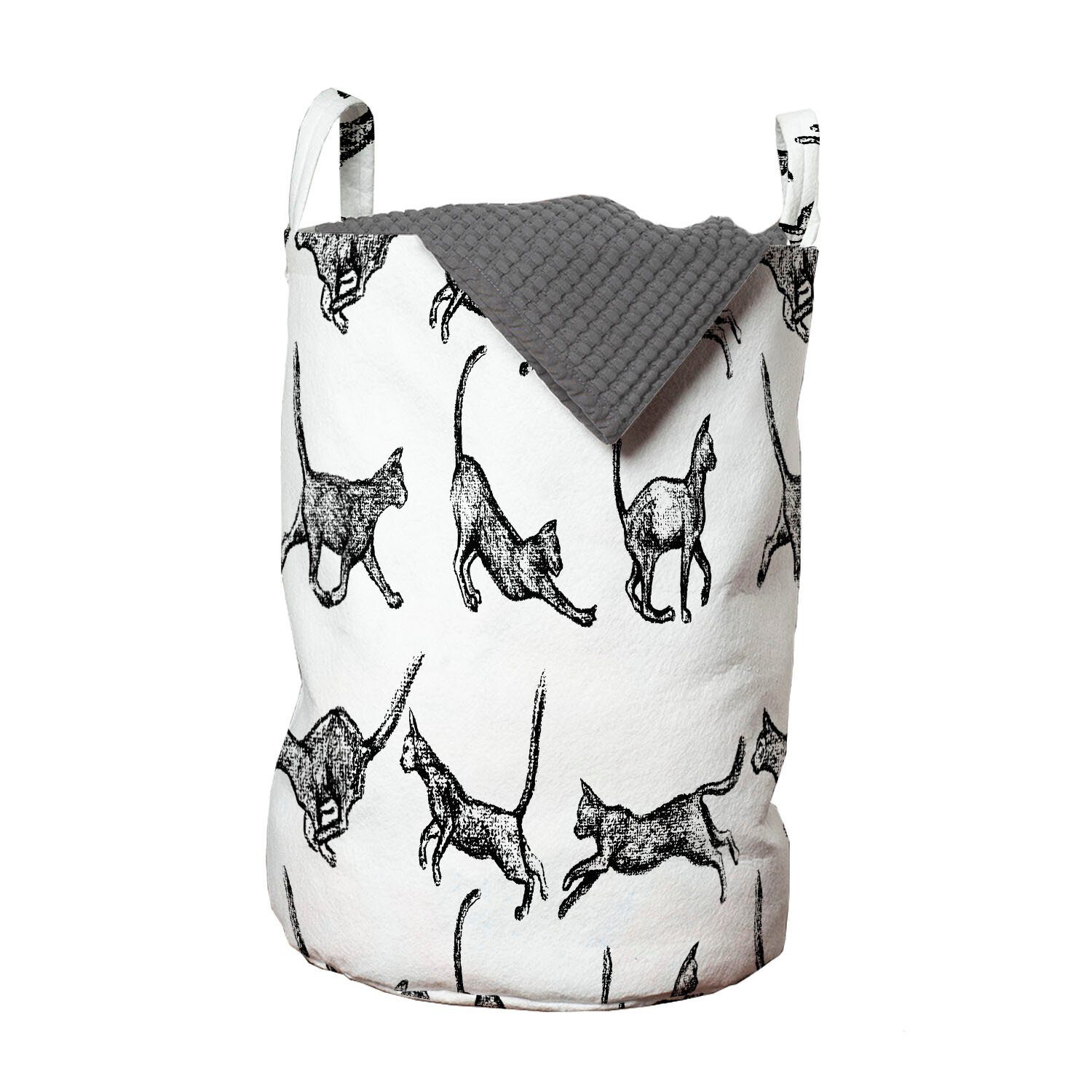 Abakuhaus Wäschesäckchen Wäschekorb mit Griffen Kordelzugverschluss für Waschsalons, Holzkohle Katzen-Liebhaber-Kunst Spielerisch Haustiere