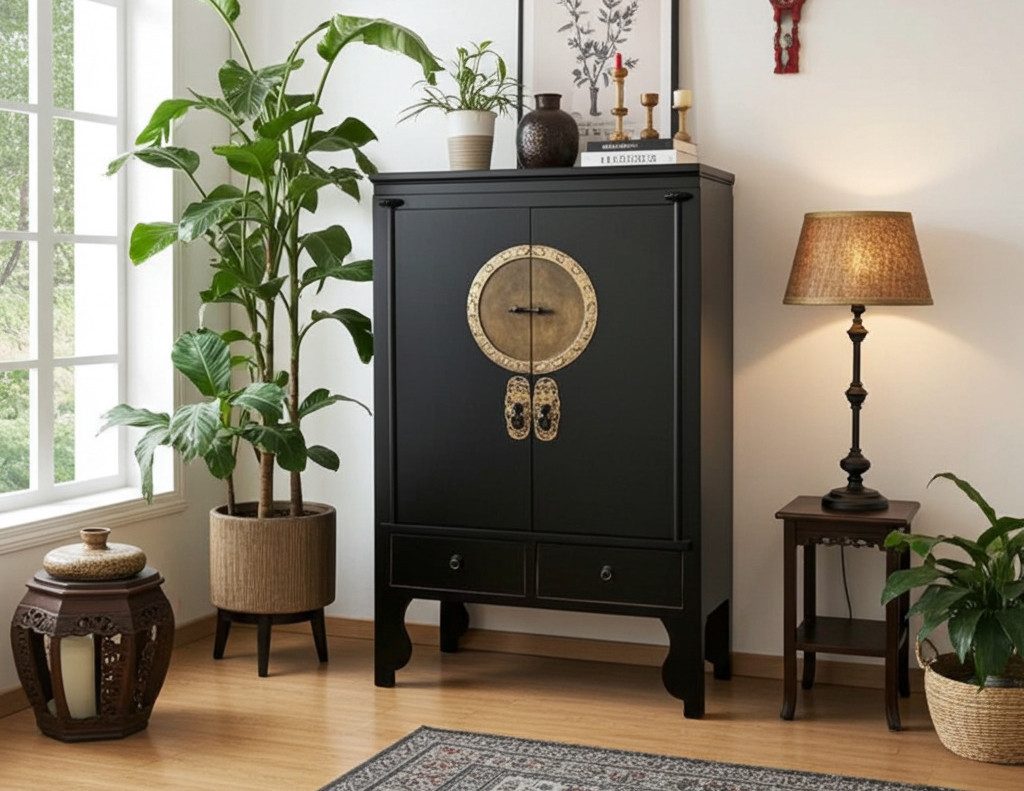 OPIUM OUTLET Kleiderschrank Asia Hochzeitsschrank schwarz im Vintage-Stil (Landhaus-Stil, Schrank Hoch-Kommode Möbel) chinesisch asiatisch orientalisch, komplett montiert
