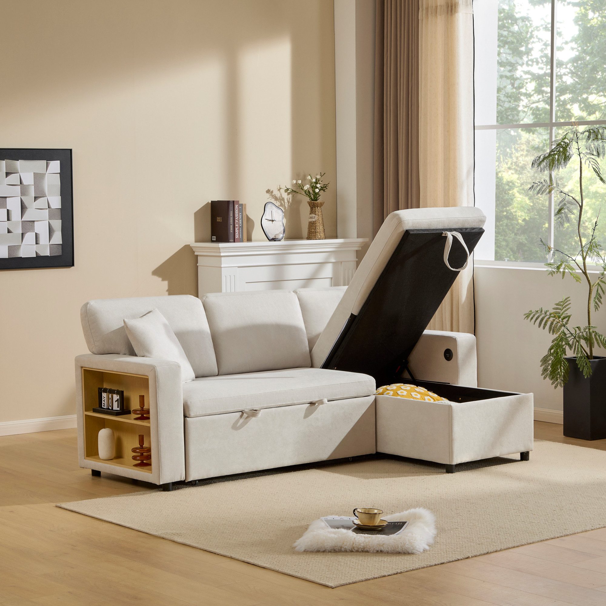 STILVORA Schlafsofa mit bettfunktion,L-Form couch mit schlaffunktion und Bettkasten,beige, Daybett, Polstersofa, Wohnzimmersofa, 3-Sitzer-Schlafsofa