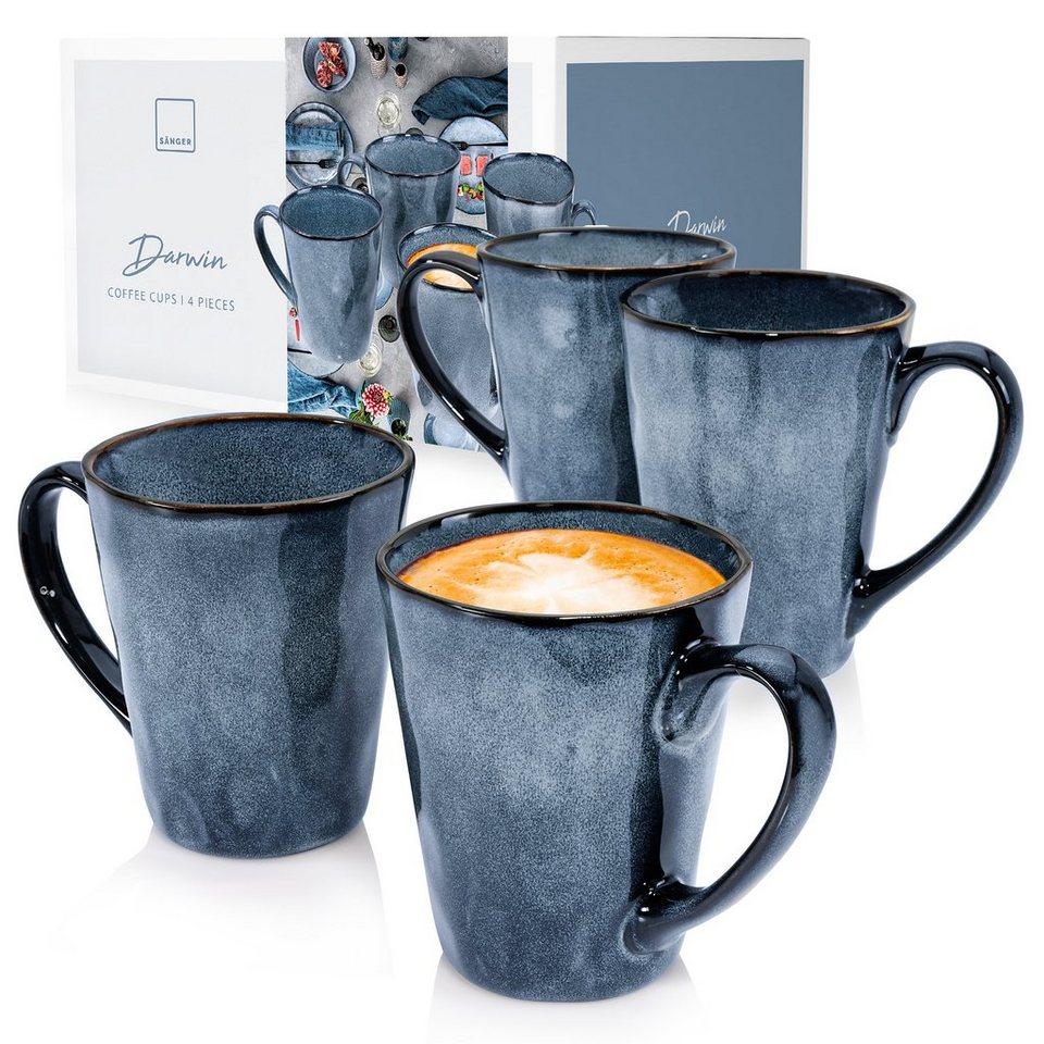 SÄNGER Becher Darwin Kaffeebecher Set (4-teilig), Steingut, Handmade, 500 ml,  Blau