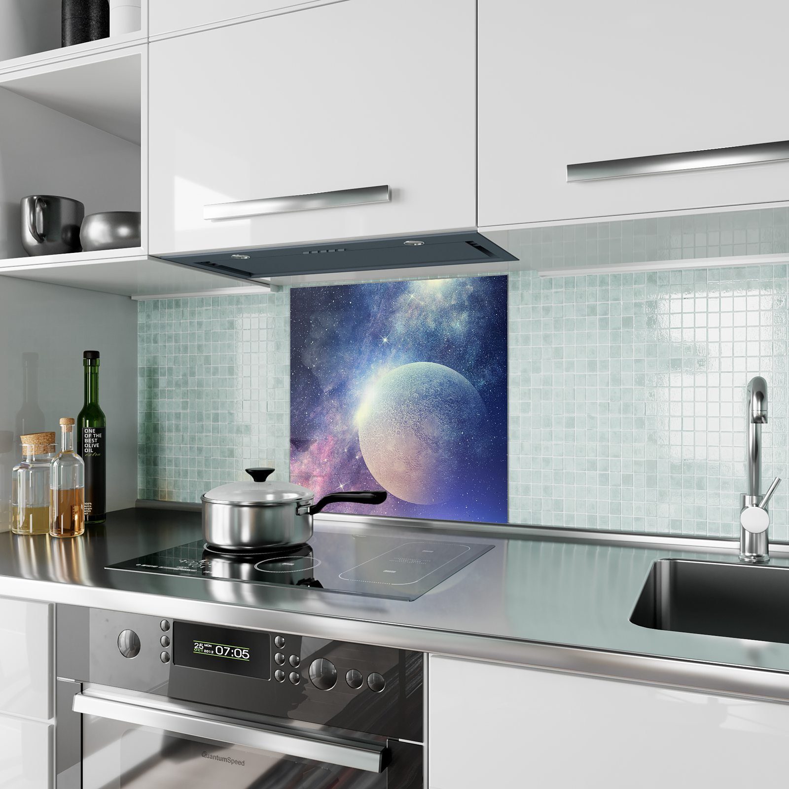 Küchenrückwand Spritzschutz mit im Motiv Küchenrückwand Primedeco Glas Mond Nebelschein