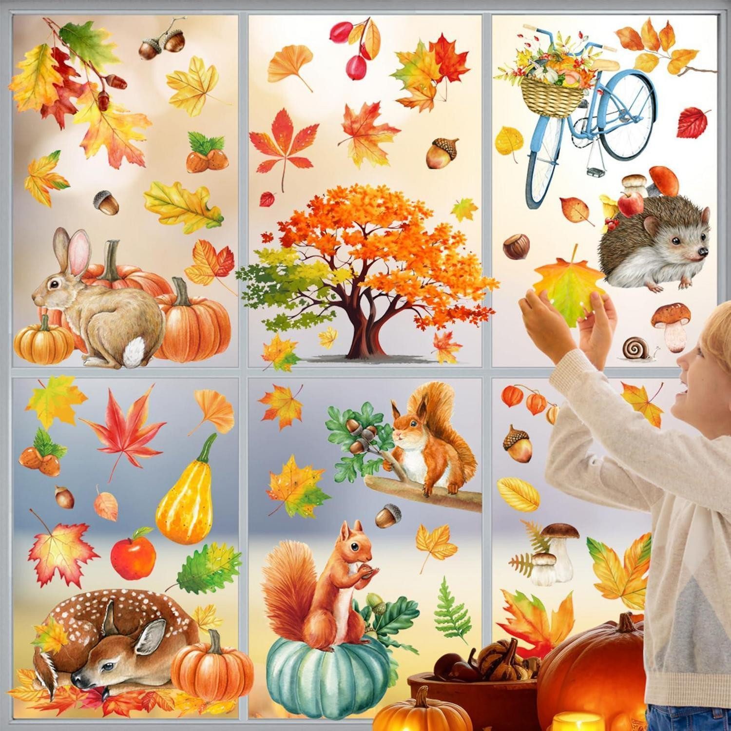 LuxusKollektion Fensterbild Fensterbilder Herbst 84 Stk. PVC Ahorn Kürbis Igel