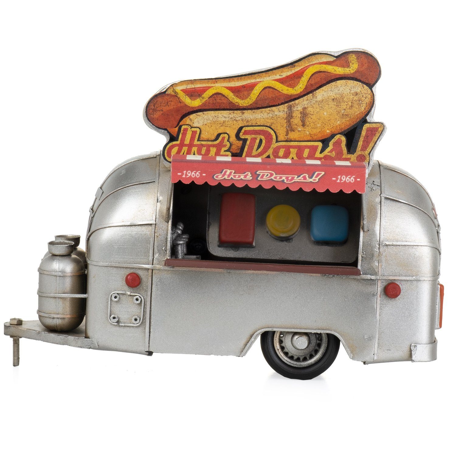 Miniatur Nachbildung Stand Blech-Deko Blechmodell Hot-Dog Wohnwagen, Dekoobjekt Modell Retro Anhänger Antik-Stil Nostalgie Moritz