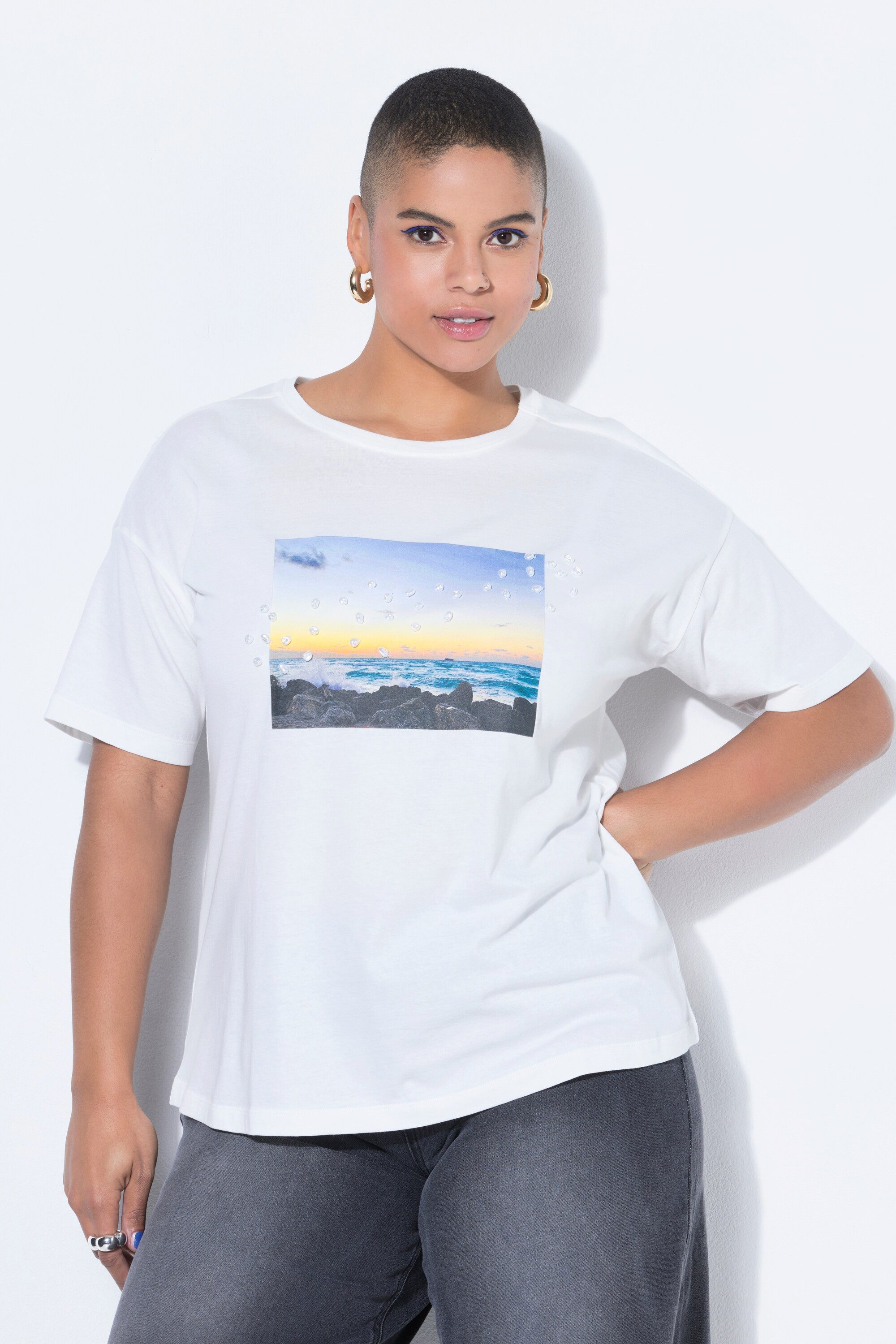 T-Shirt T-Shirt oversized Fotoprint Zierperlen