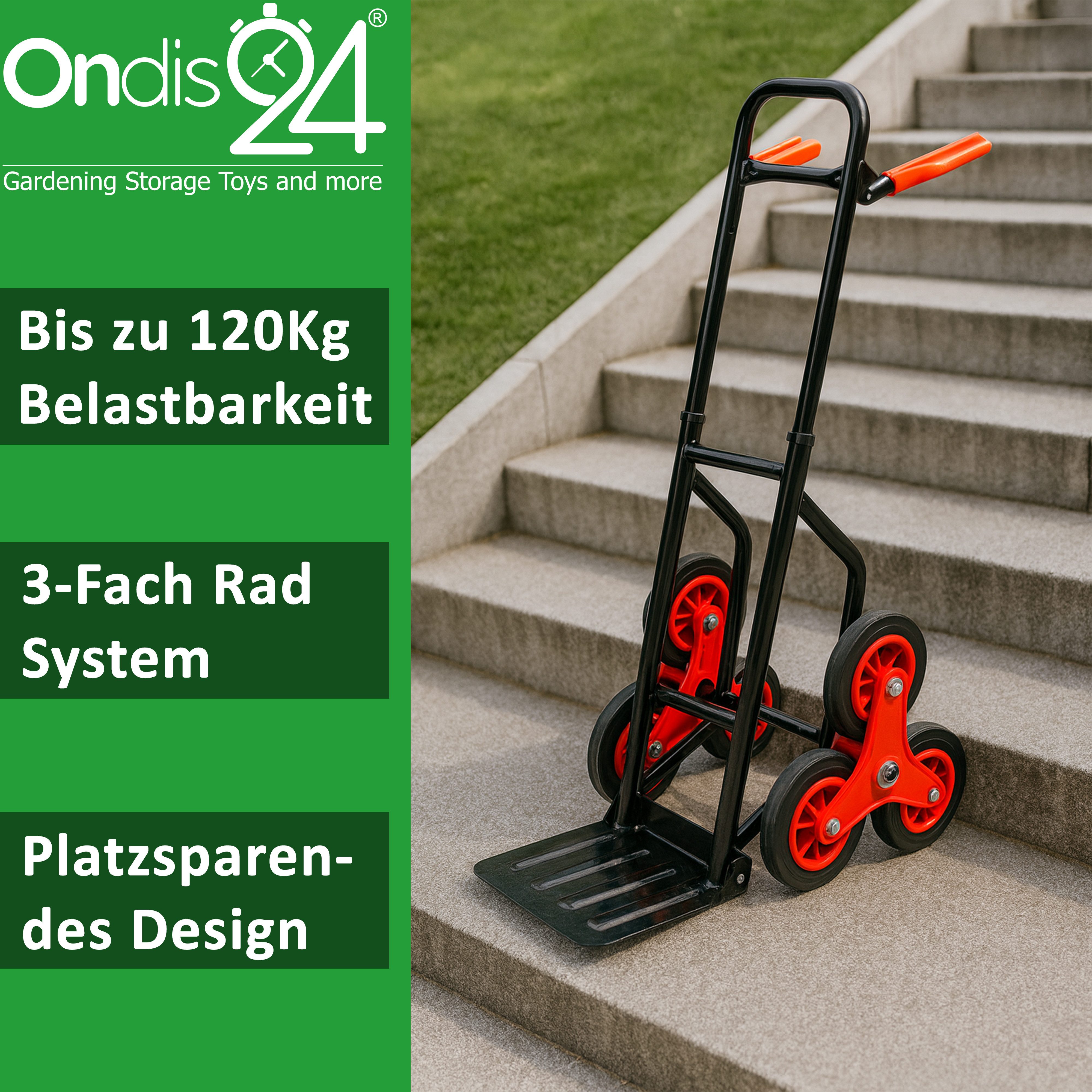 ONDIS24 Sackkarre Transportkarre Transportwagen Stahl schwarz klappbar, bis 120kg belastbar, Dreifach-Polypropylen-Bereifung – Bild 3 von 5