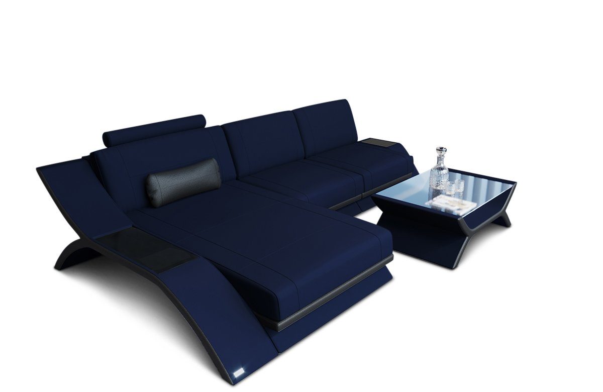 L C72 Couch Designersofa mit Form USB_Anschluss, Stauraum, Sofa Stoffsofa, LED, Dreams Polster Sofa Ecksofa Calabria Stoff Dunkelbraun-Weiss