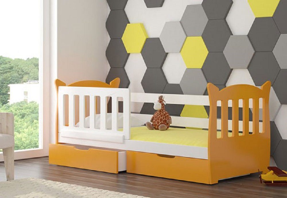 Feldmann-Wohnen Kinderbett LENA (mit 2 Schubladen), Farbe wählbar Kiefer weiß / Absetzungen: orange | Jugendbetten