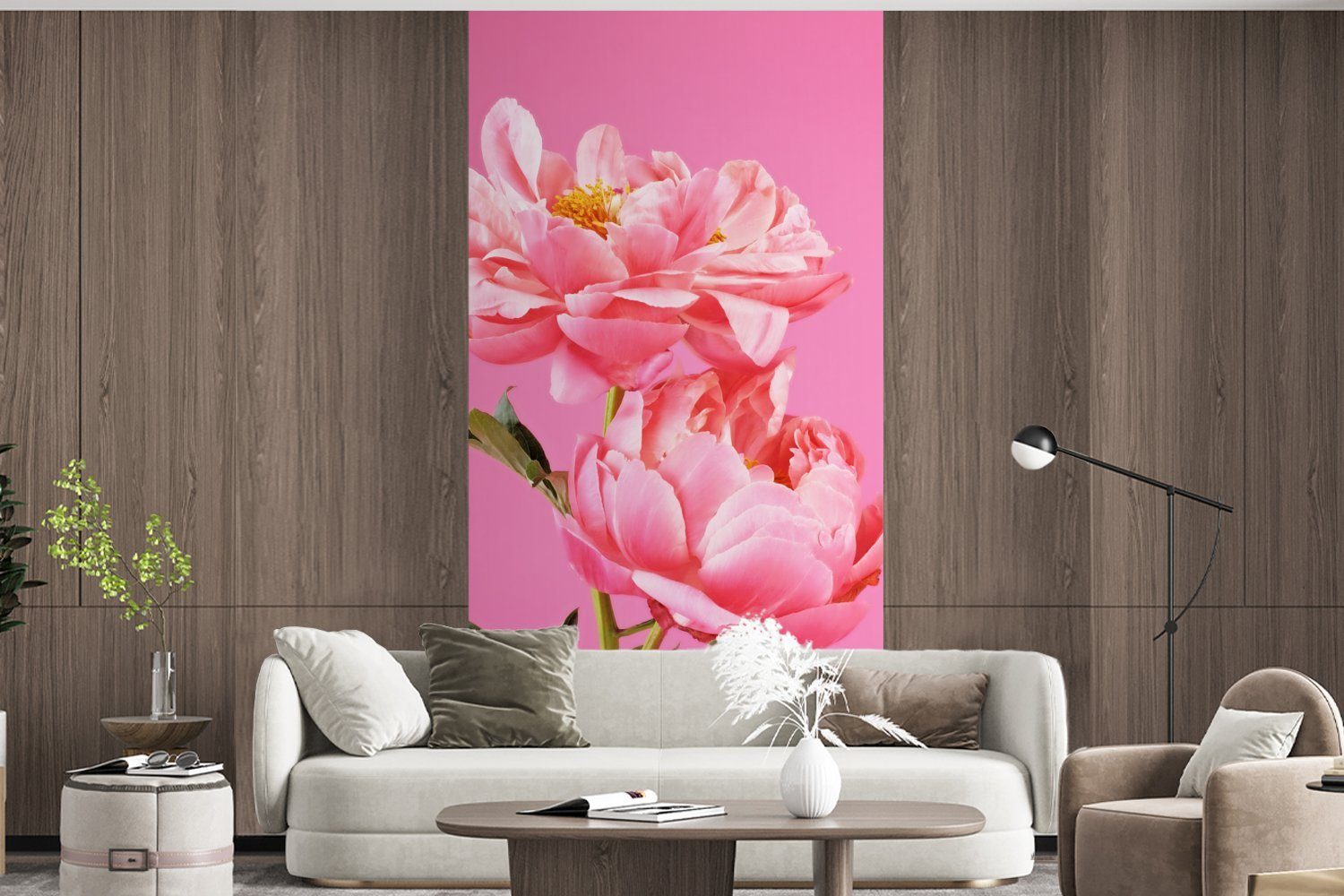 MuchoWow Fototapete mit für (2 Rosa Vliestapete St), rosa Pfingstrosen Küche, bedruckt, Wohnzimmer Schlafzimmer Hintergrund, Fototapete Matt