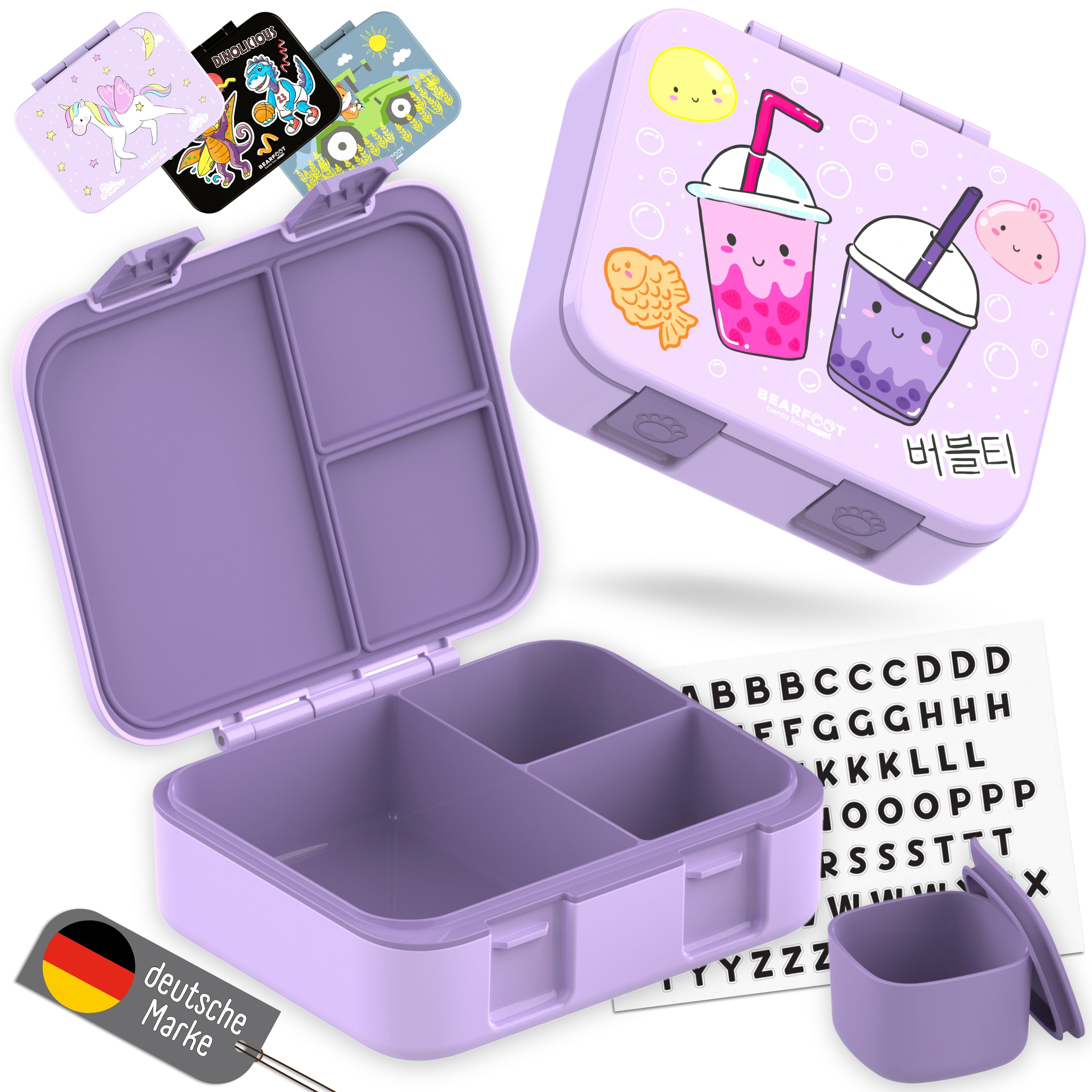 BEARFOOT Lunchbox Brotdose mit Fächern, auslaufsicher - BubbleTea lila 650ml, PP, ABS, Silikon, Kindergarten und Schule - Mädchen und Jungen, Vesperbox, Snackbox