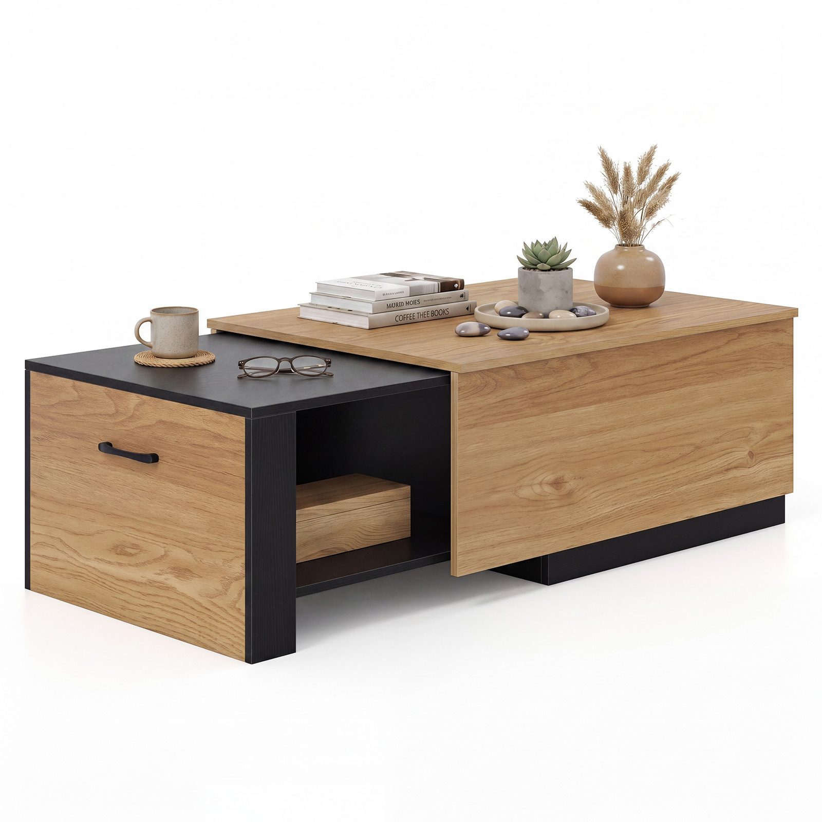COSTWAY Couchtisch mit verstecktem Stauraum Sofatisch ausziehbar, Holz rechteckig