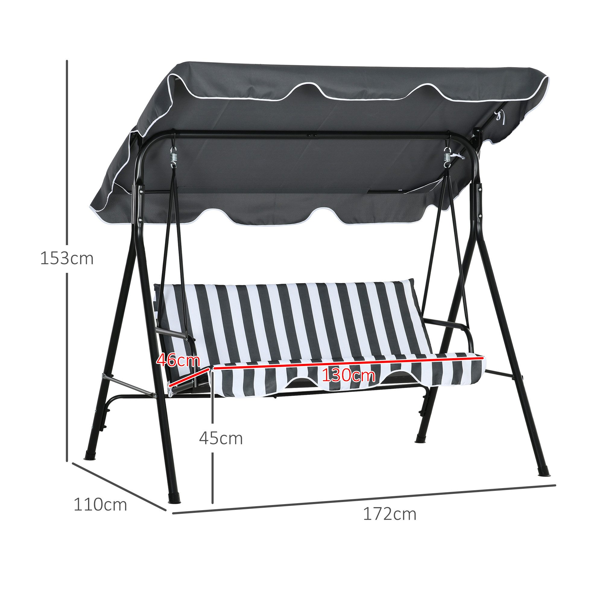 Outsunny Hollywoodschaukel Gartenschaukel, verstellbar, Schaukelbank belast bis 240 kg, 3-Sitzer, mit Sonnendach, 3-Sitzer Gartenschaukel, 1 tlg., Schaukelbank, für Garten, Terrasse, 172 x 110 x 153 cm, Grau+Weiß