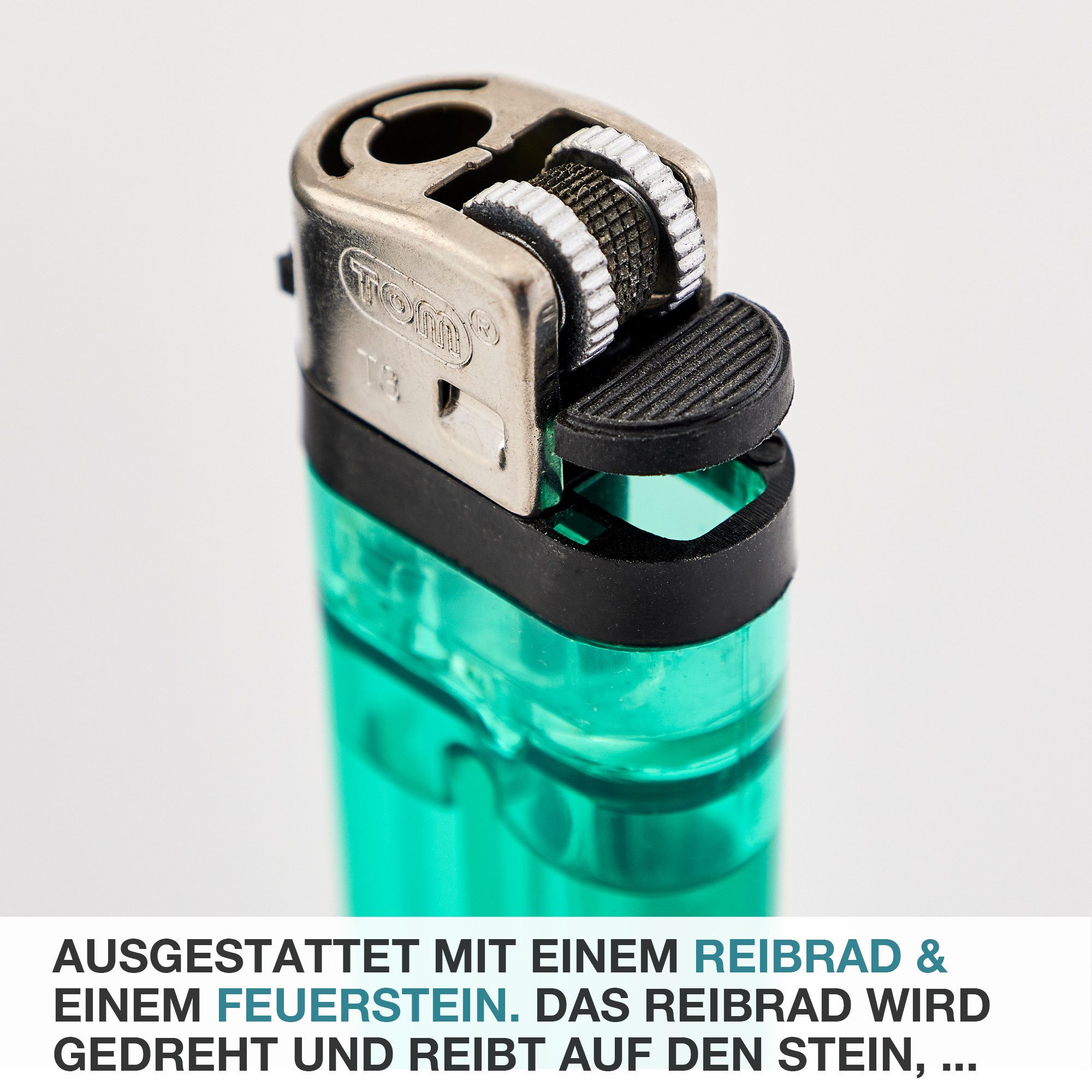 TOM Feuerzeuge Display Set Reibrad (50-St), 5 Farben, Flammeregulierung, Soft Flame