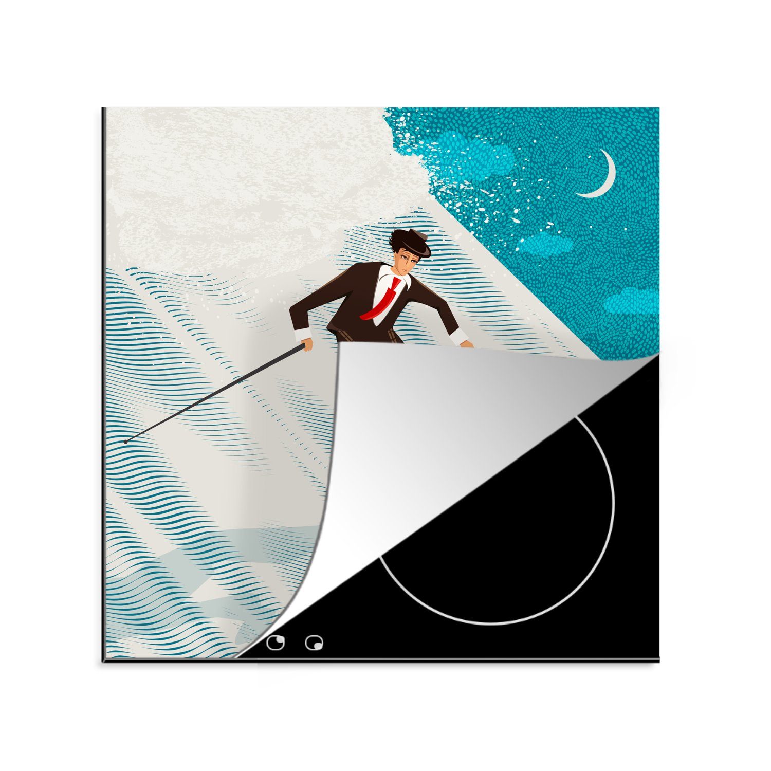 MuchoWow Herdblende-/Abdeckplatte In einer Illustration fährt ein Geschäftsmann auf Skiern den Berg, Vinyl, (1 tlg), 78x78 cm, Ceranfeldabdeckung, Arbeitsplatte für küche