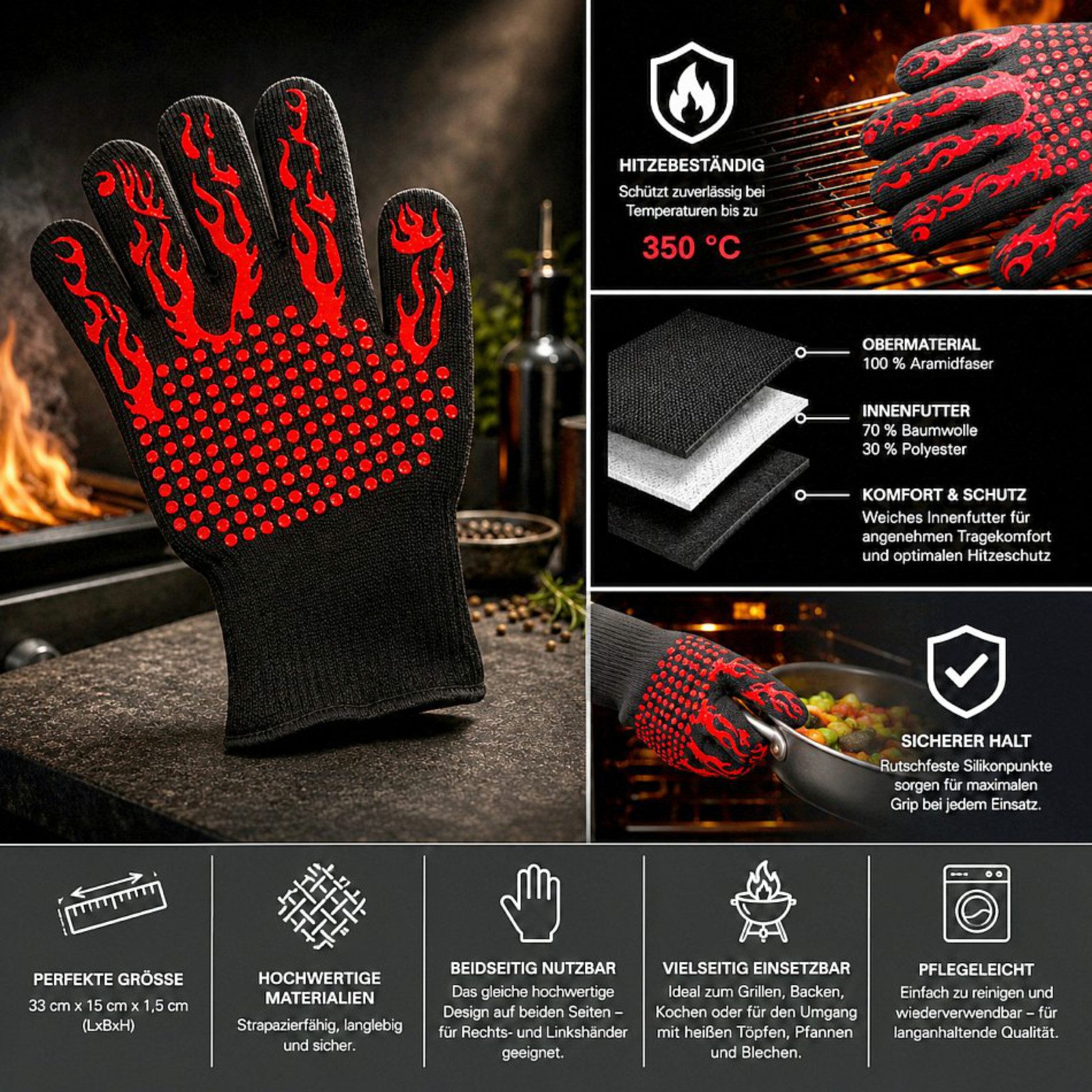 Haushalt International Grillhandschuhe Handschuh Kochhandschuh Ofenhandschuh 1tlg, (Stück, 1-tlg., Packung), Hitzebeständig bis 350°C, Rot / Schwarz, Grillen, Kochen, Backen