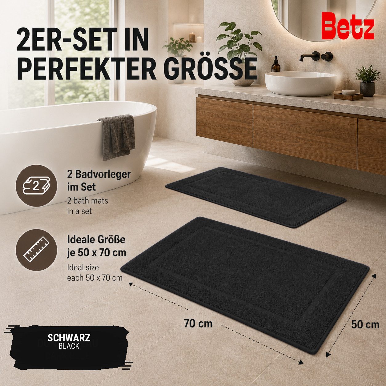 Betz Badematte 2 Stück Badvorleger Premium Badteppich Größe 50x70 cm, unbeschichtet, beidseitig nutzbar, beidseitig nutzbar, Baumwolle, Qualität 650g/m² – Bild 3 von 5
