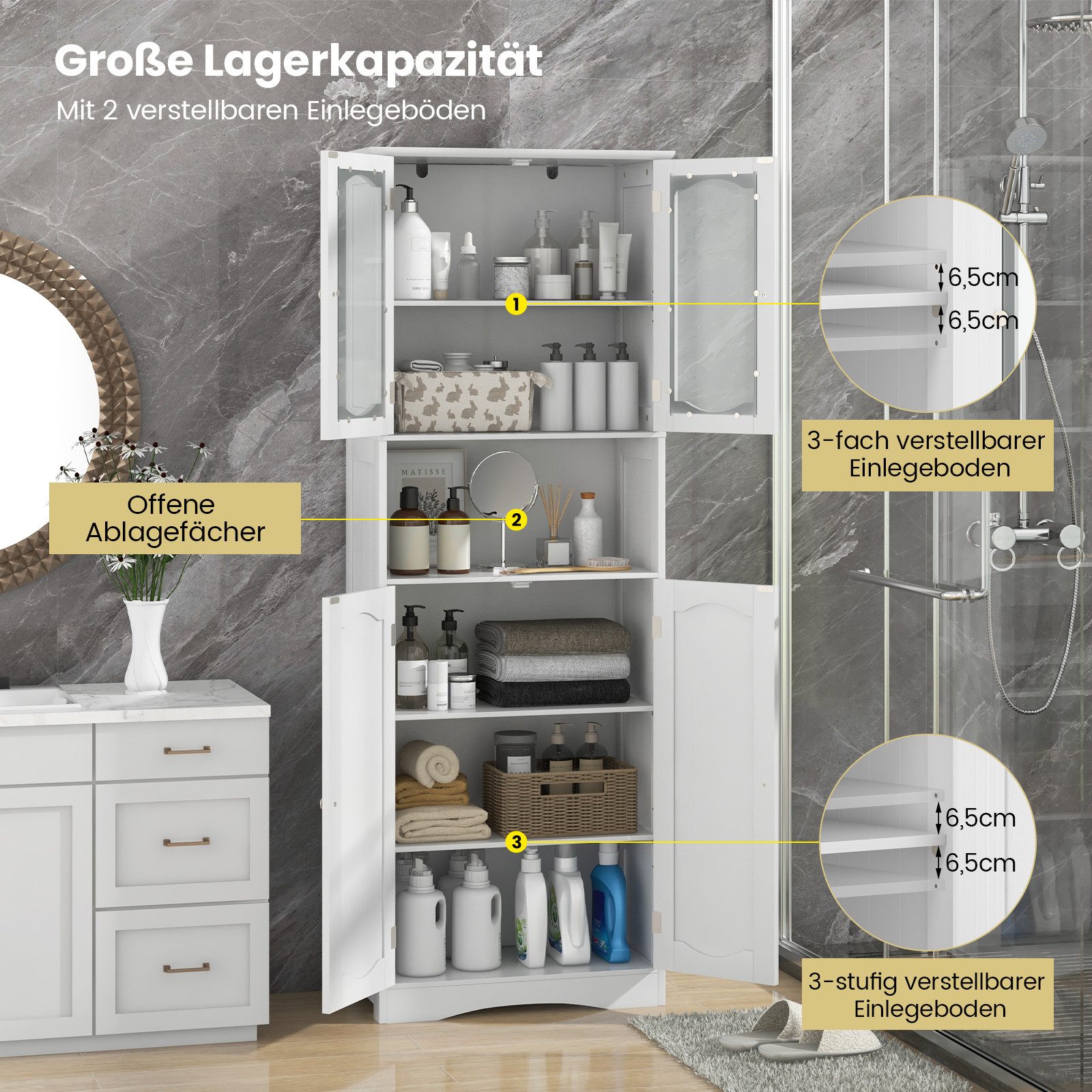COSTWAY Hochschrank Küche, Badezimmerschrank, mit 4 Türen & Fach, Weiß