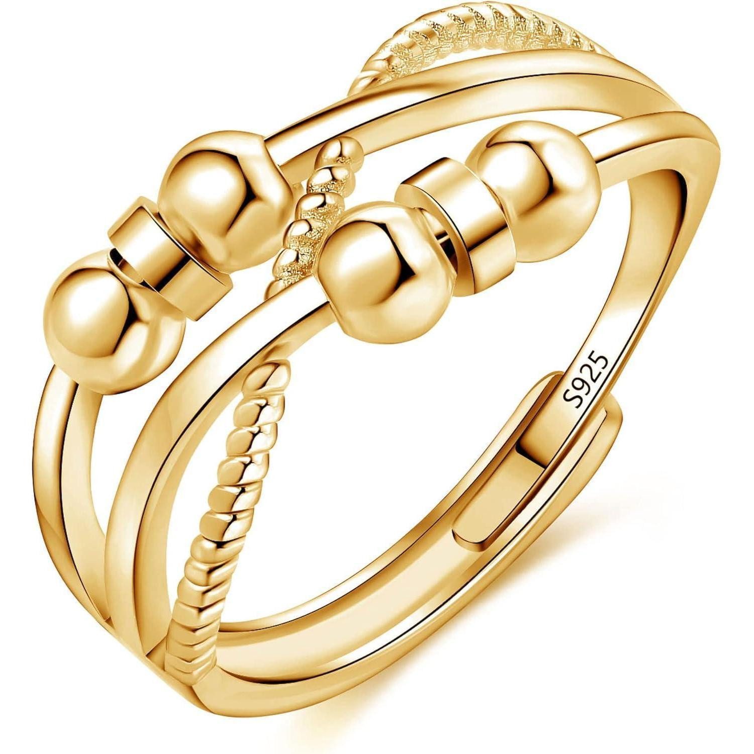 Silberring Ring 925 Sterling Silber Einstellbar Anti Stressring 6 Perlen Gold