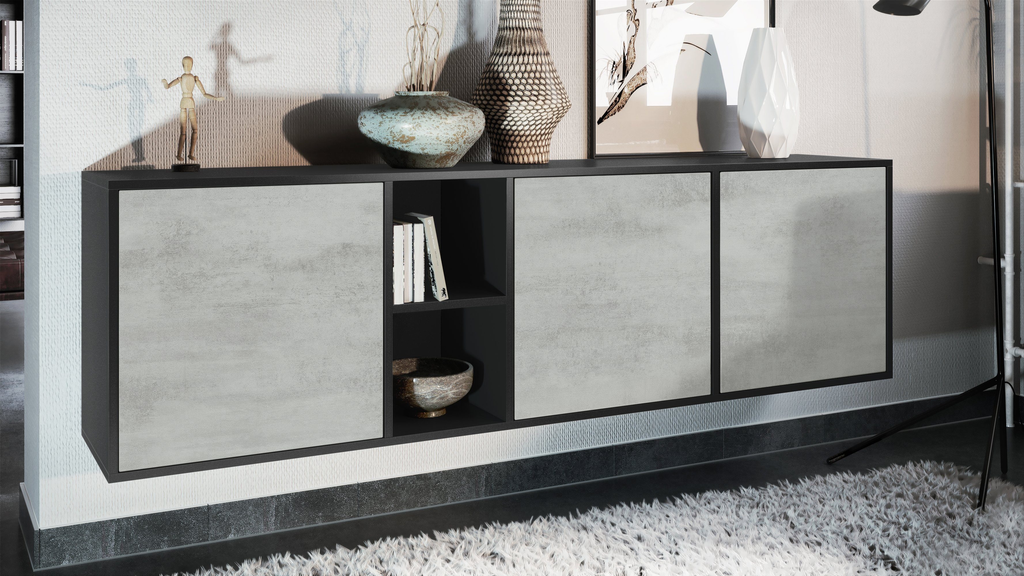 Vladon Sideboard Cuba (Kommode, mit 3 Türen und 2 offene Fächer), Schwarz matt/Beton Oxid Optik (182 x 53 x 35 cm)
