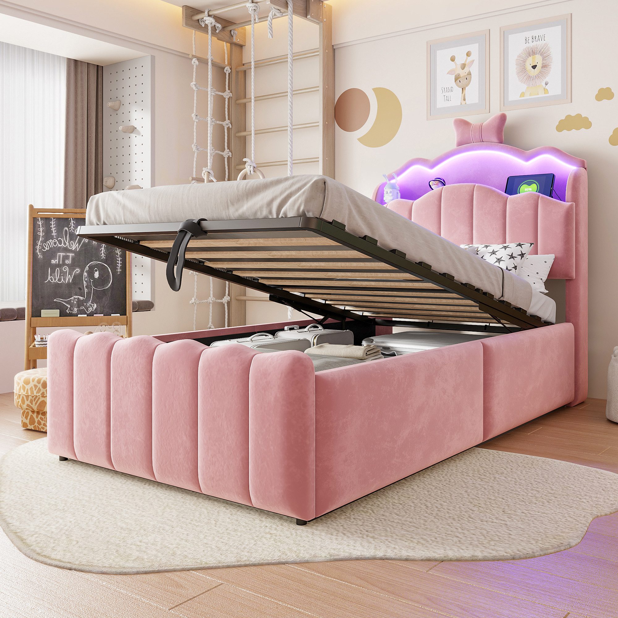 Merax Polsterbett mit LED-Kopfteil und USB & USB-C Anschluss, Samtbezug (1-tlg), Kinderbett 90x200cm mit hydraulischem Stauraum, aufklappbarem Kopfteil