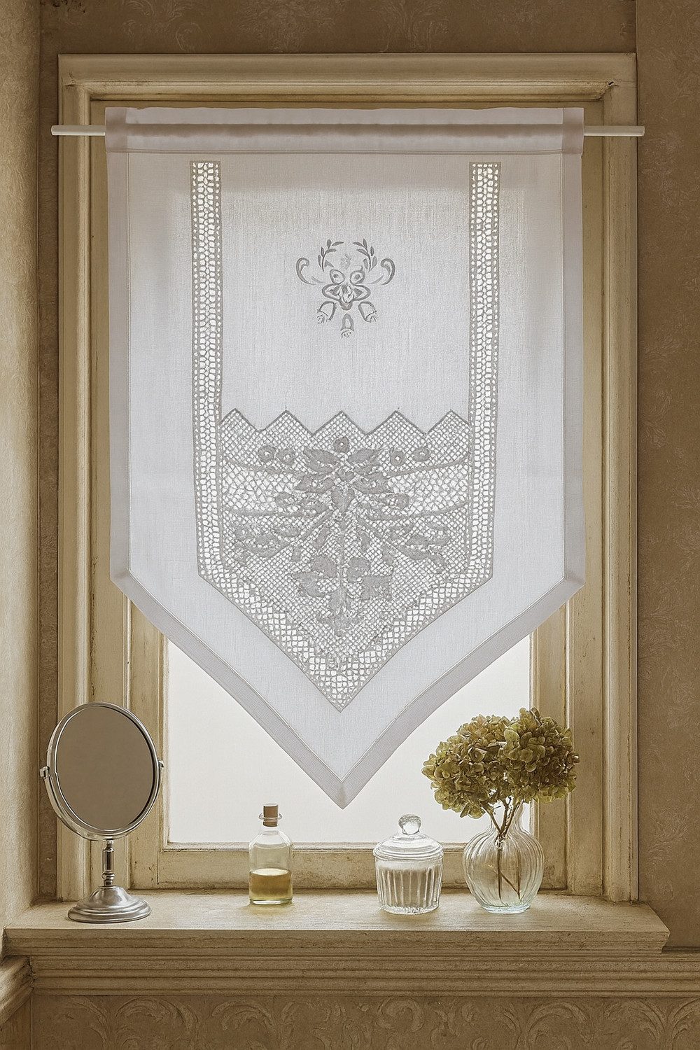 HOSSNER - ART OF HOME DECO Scheibengardine 40x70 cm (1 St), blickdicht, Baumwolle, Vintage, Romantische Stickerei