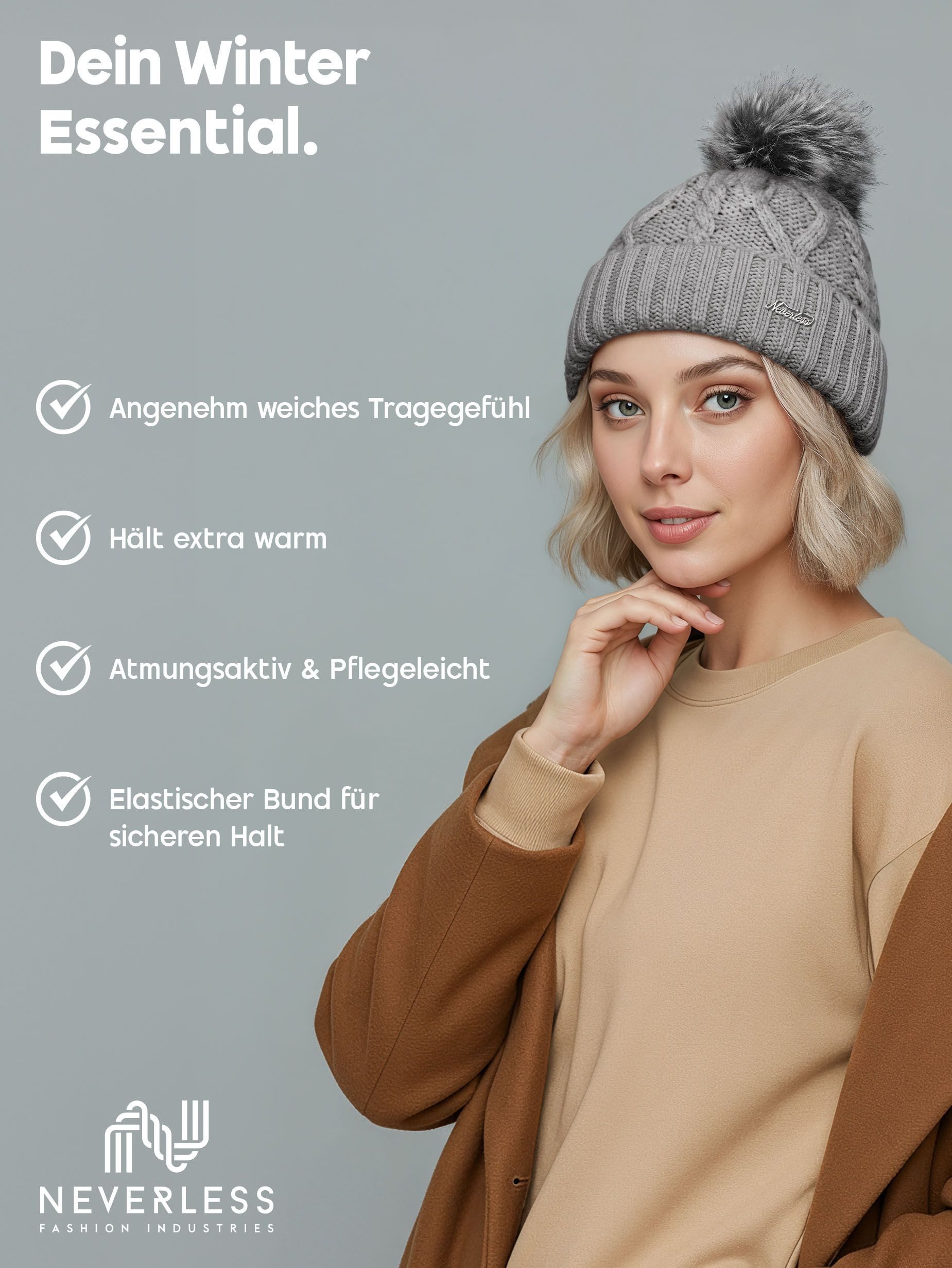 Neverless Bommelmütze gefütterte Damen Strickmütze Fell-Bommel Fleece-Futter Kunstfell