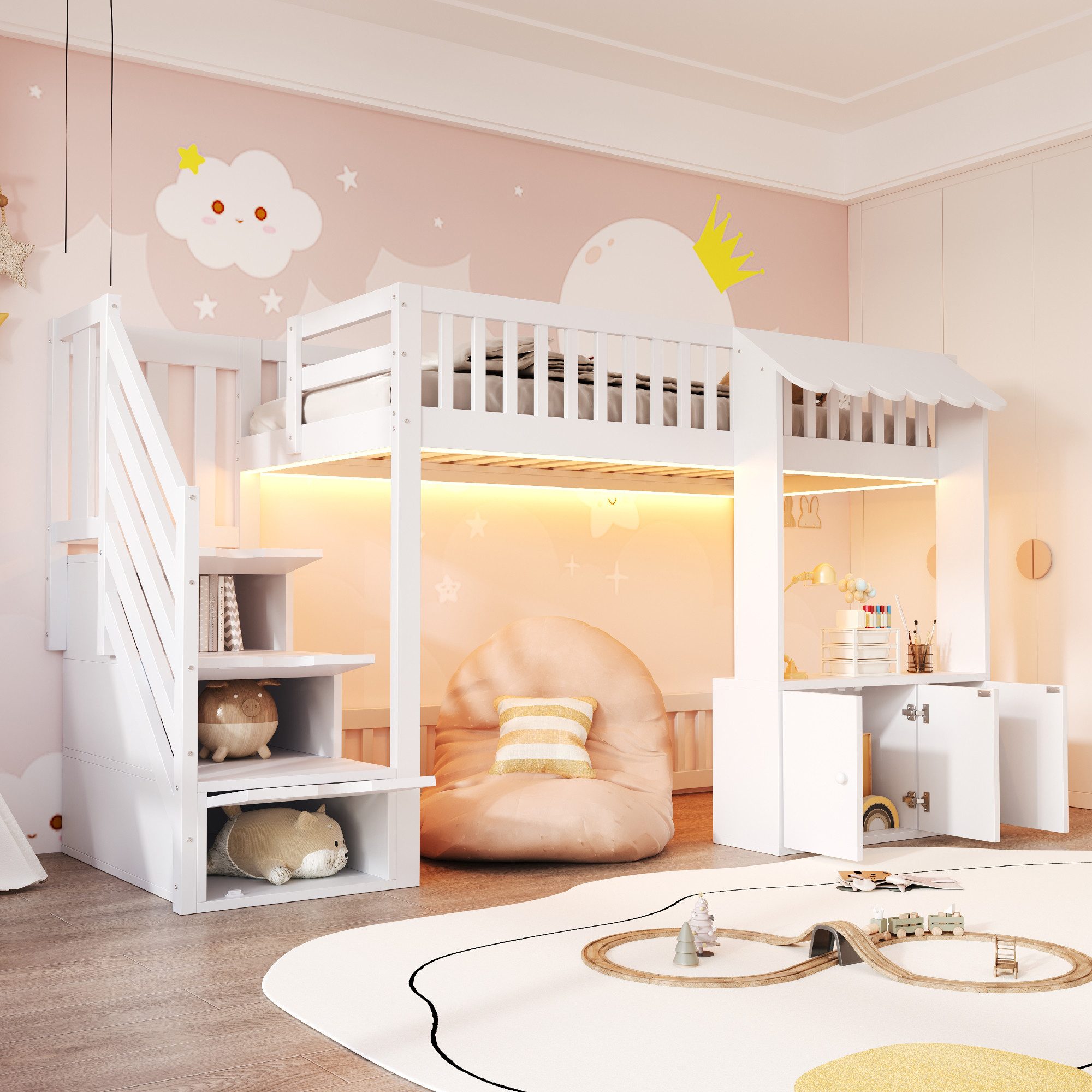 Flieks Hochbett Kinderbett Laden-Design 90×200cm mit Schrank und Stauraumtreppe – Bild 2 von 5