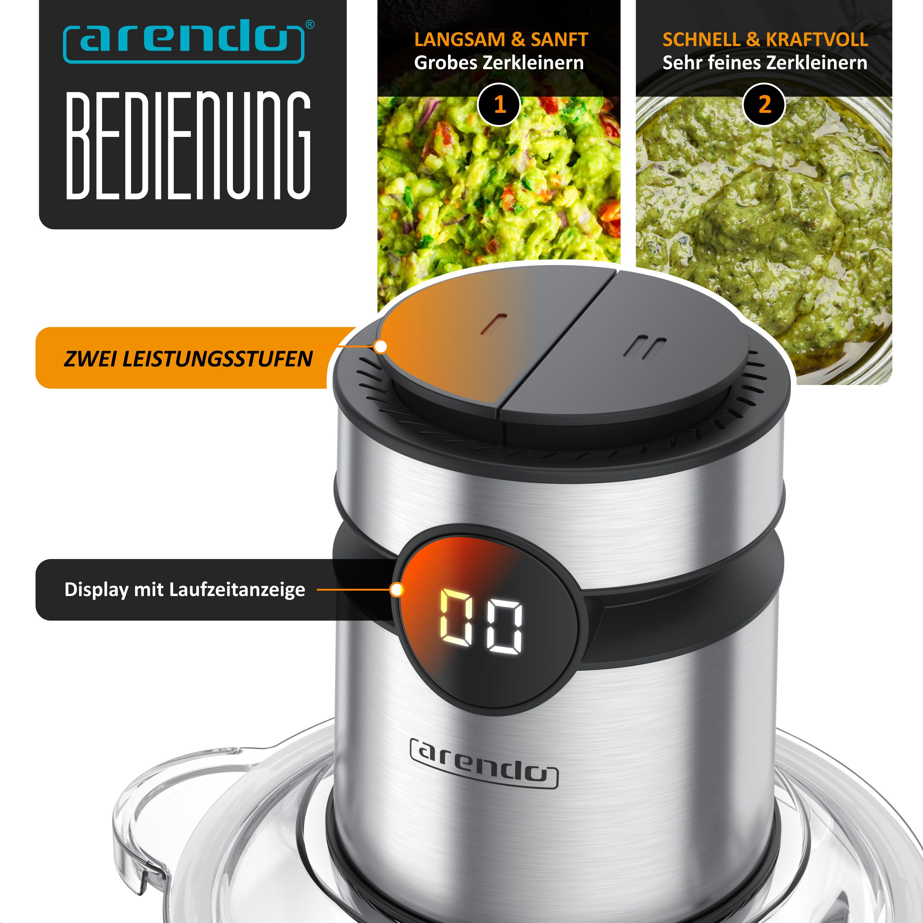Arendo Zerkleinerer Elektrischer Multizerkleinerer für Fleisch Nüsse Obst Gemüse u.v.m., 500 W, Universalzerkleinerer mit 2 L Glasbehälter, Display, Sicherheitssperre