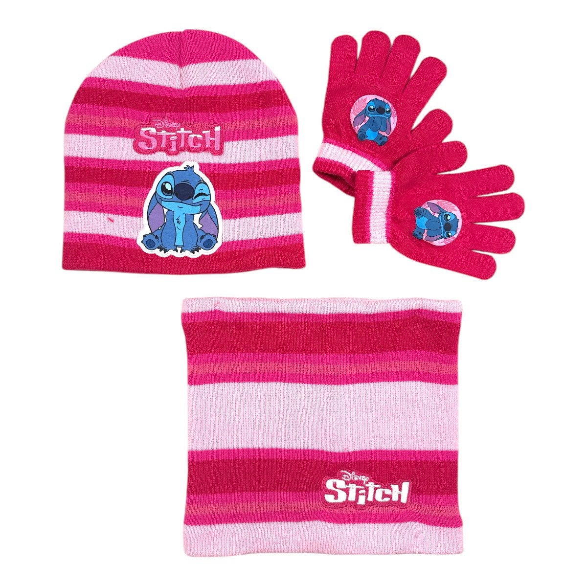 Disney Fleecemütze Disney Stitch Set Kinder 3tlg Set Wintermütze Snood Handschuhe (3-St., Spar-Set) Gr. 54/56