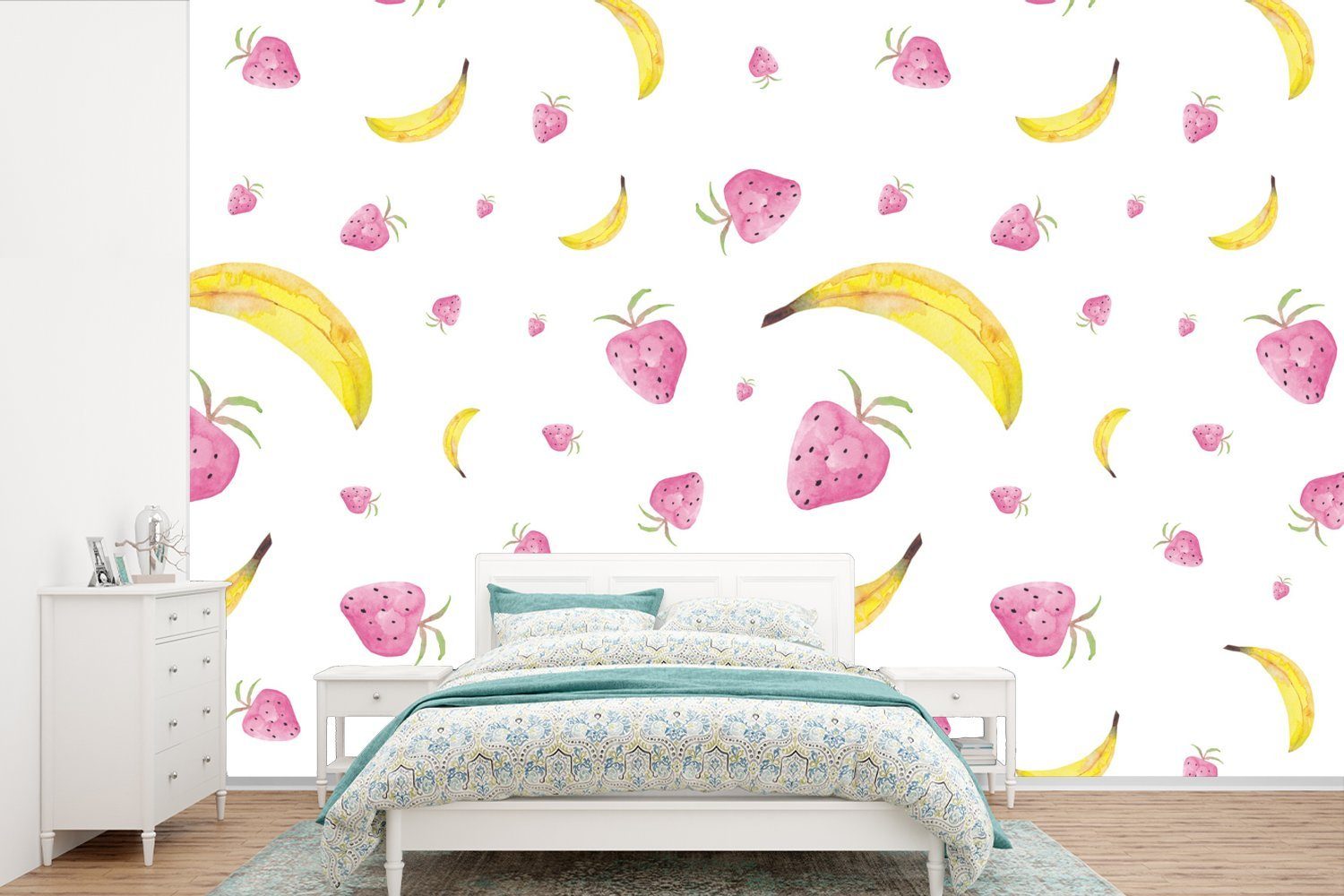 MuchoWow Fototapete Banane - Erdbeere - Design, Matt, bedruckt, (6 St), Wallpaper für Wohnzimmer, Schlafzimmer, Kinderzimmer, Vinyl Tapete