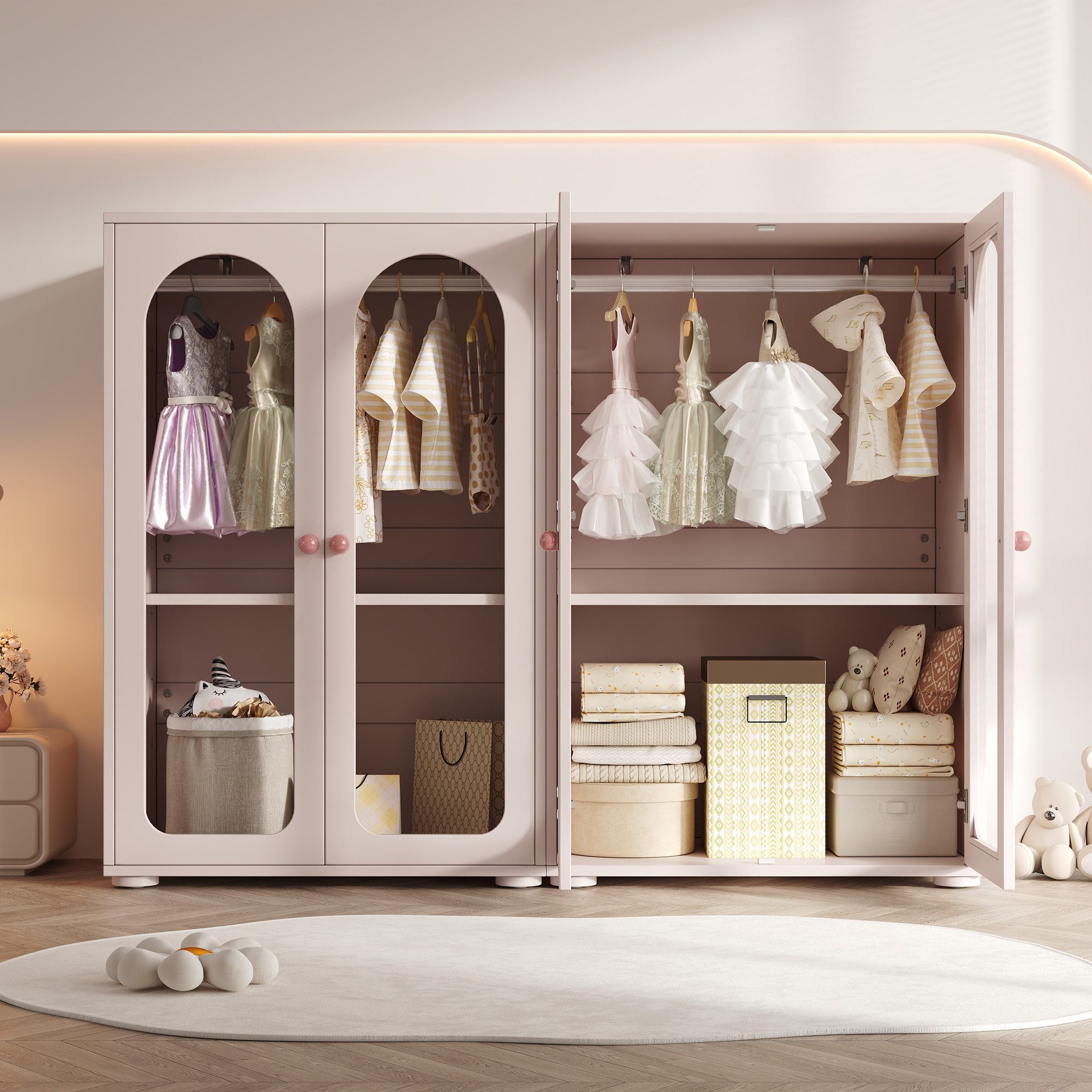 MODFU Kleiderschrank 2-tlg., 160x50x120 cm, Babyrosa (Packung, 2-St., Acryl-Transparenttüren, Keramikgriffe & Kleiderstange) Lackierter Aufbewahrungsschrank für Schlaf- & Kinderzimmer