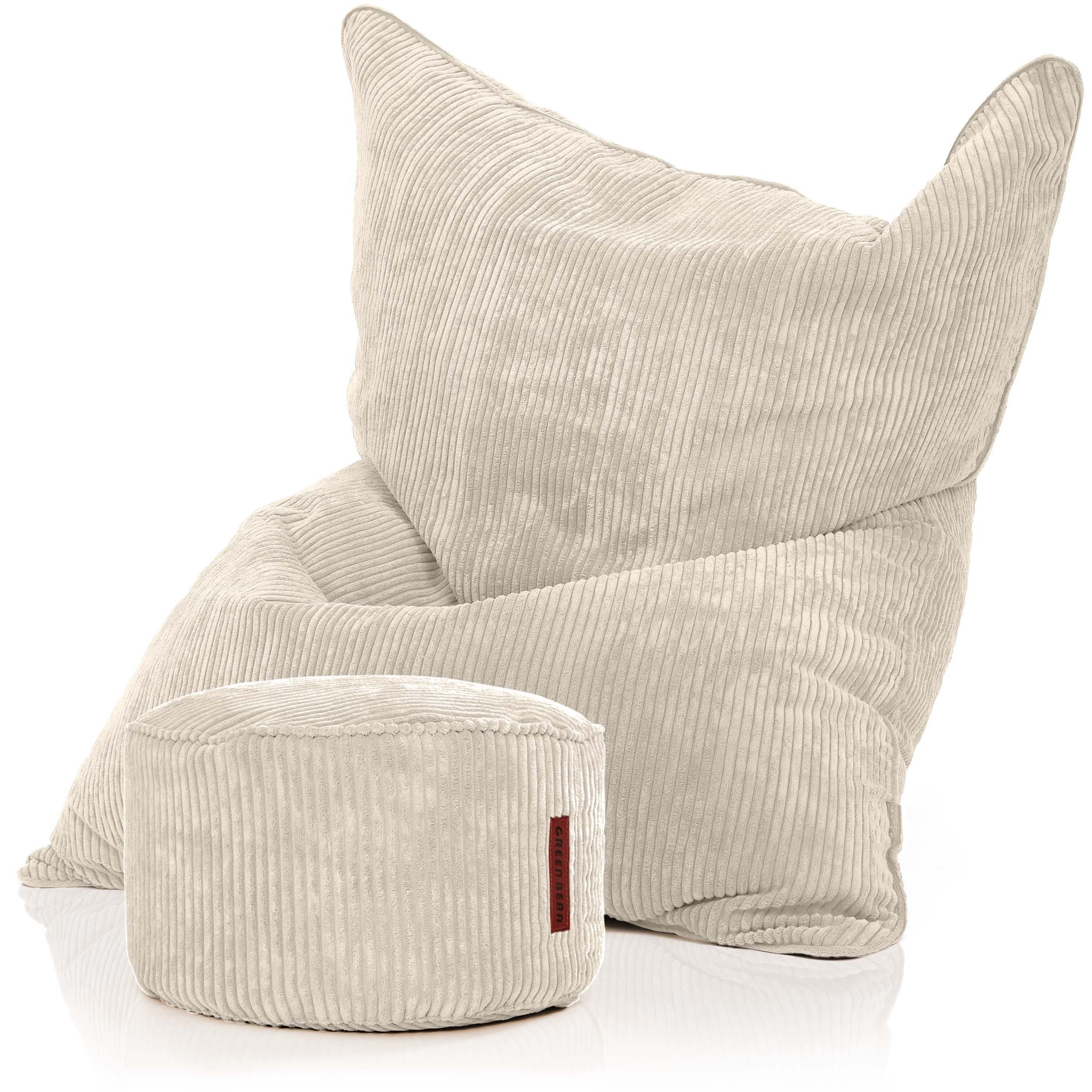 Green Bean Sitzsack XXL Sitzsack Square Cord + Hocker (Sitzsack + Hocker im Set - XXL Riesensitzsac mit passendem Fußhocker), Bean Bag Bodenkissen Liegekissen Sitzkissen Indoor Drinnen Waschbar