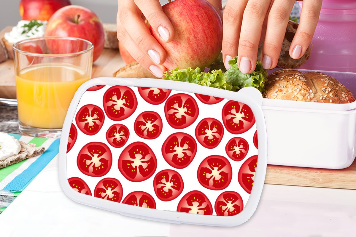 (2-tlg), - und - - und Lunchbox MuchoWow Tomate für Brotdose, Kunststoff, Jungs Brotbox Gemüse, Muster Obst Mädchen für Kinder weiß Erwachsene,